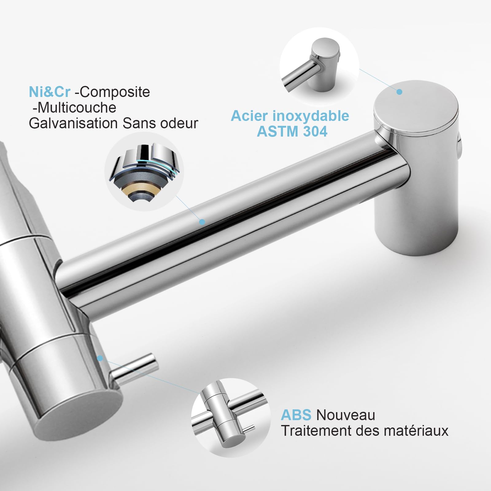 OFFO Barre de Douche 60 cm,Support Pommeau de Douche 80 cm en Acier Inoxydable Avec Support de Douche,Barre Douche Segmentée,Distance Réglable de 28 à 61 cm,Chromé