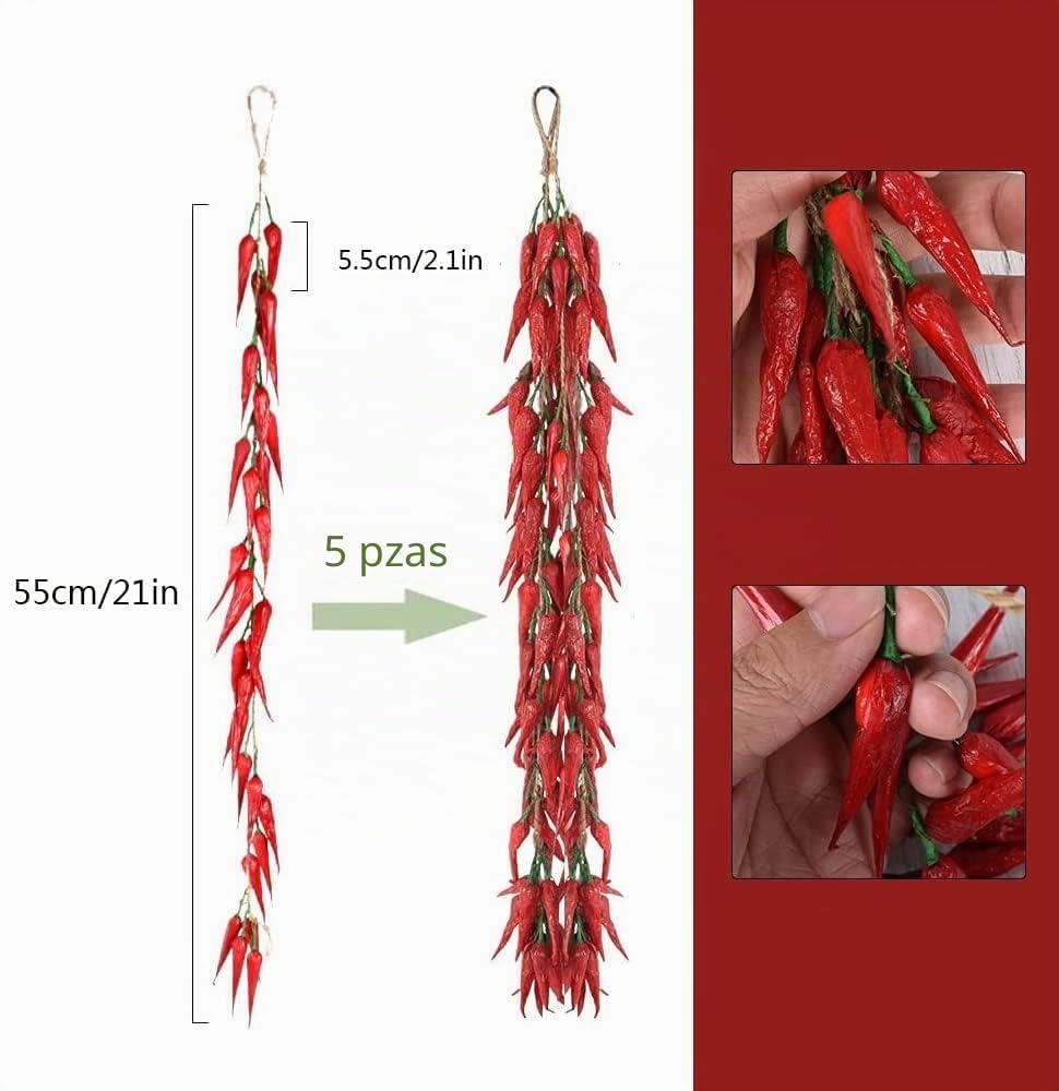 Paquete de 5 Verduras Artificiales de imitación, ajo, Chile Rojo, pimientos Artificiales, Cuerda Colgante para decoración de Pared, hogar, Cocina, Fiesta, Accesorios de fotografía (Chile)