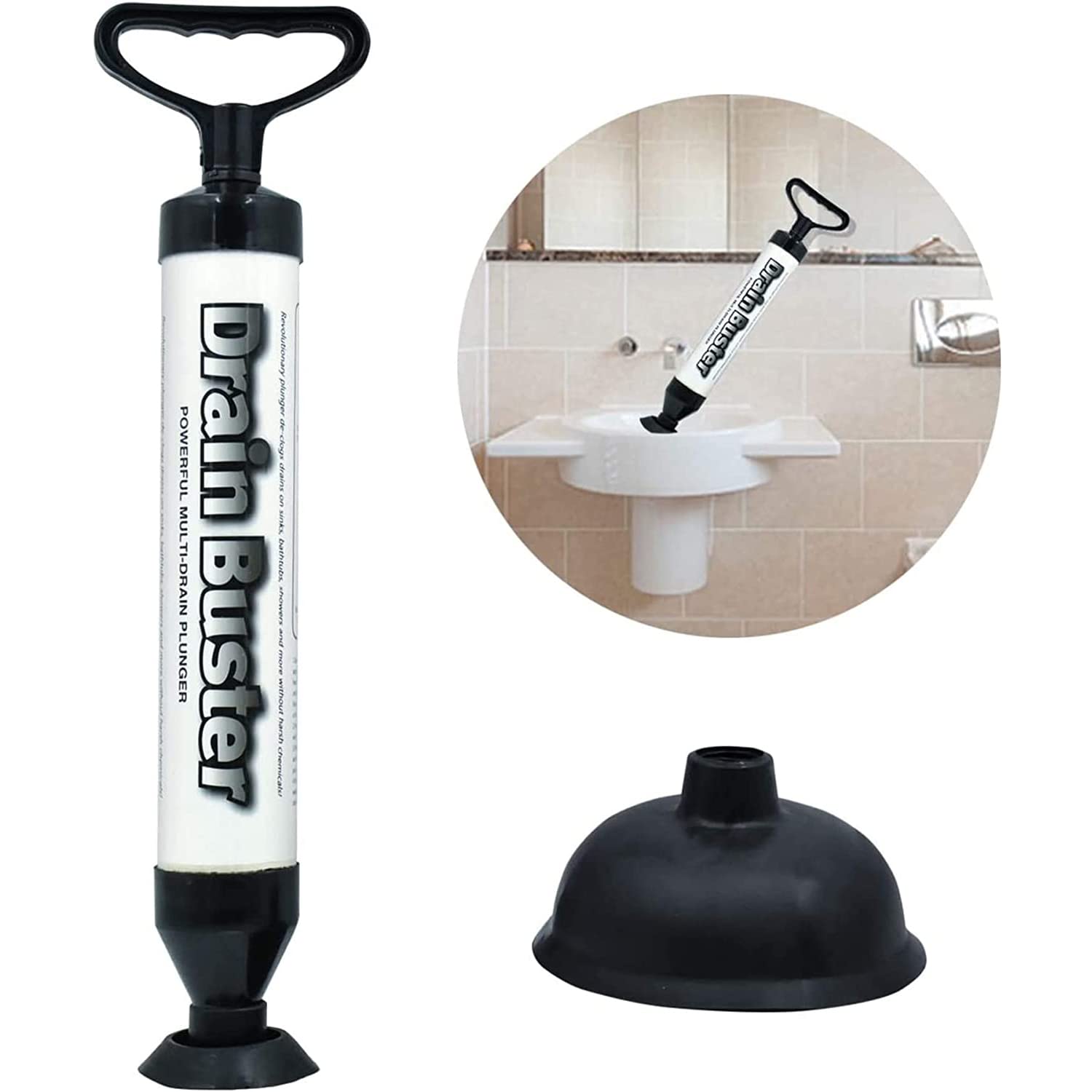 Y Homeware Black & White Yorkshire Homeware Heavy Duty Drain Buster | Toilet Sink Shower Unblocker With Rubber Sucker Pump | Air Tool Clog Power Sucker |Powerful Unblocked Vacuum Plunger | No Chemicals Or Mess