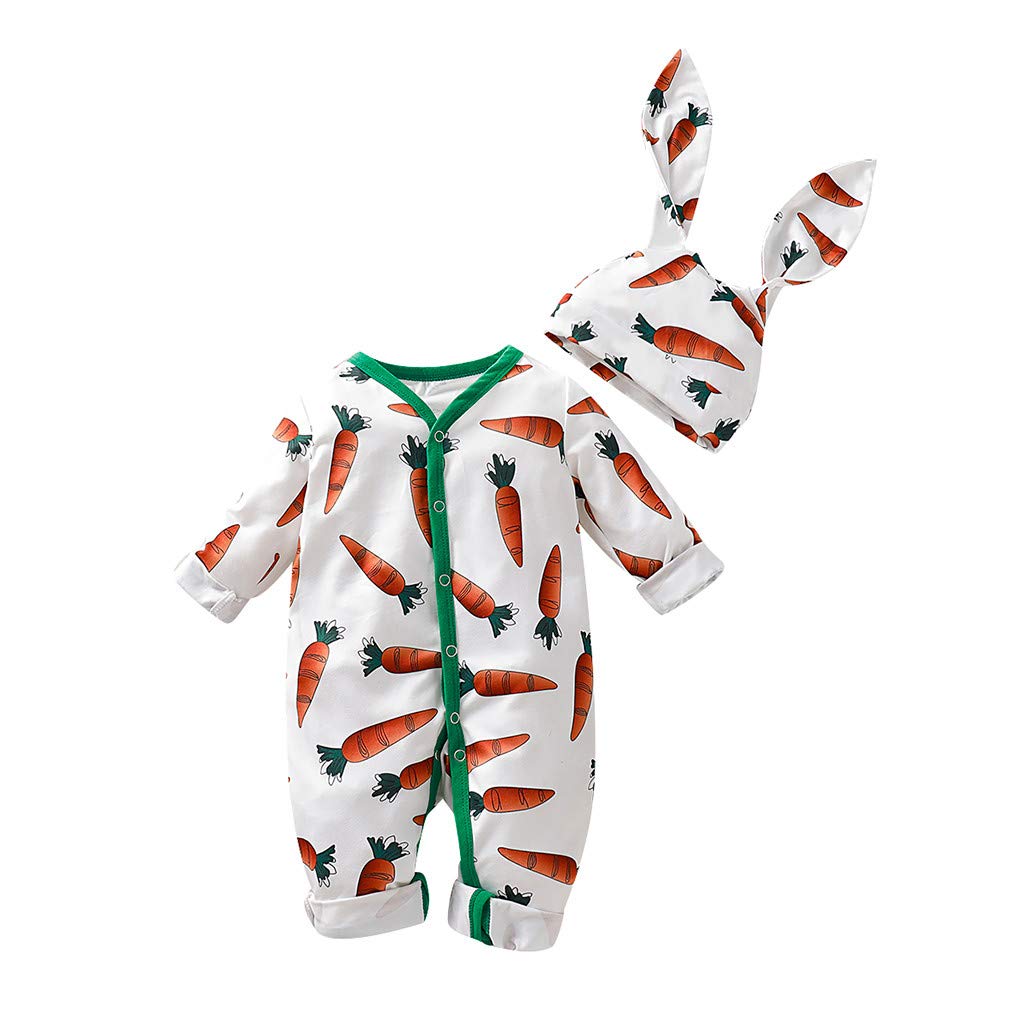Tomppy Newborn Baby Boy Girls Clothes Set Carrot Print Romper Jumpsuits Rabbit Ears Hat Infant Costume Outfits