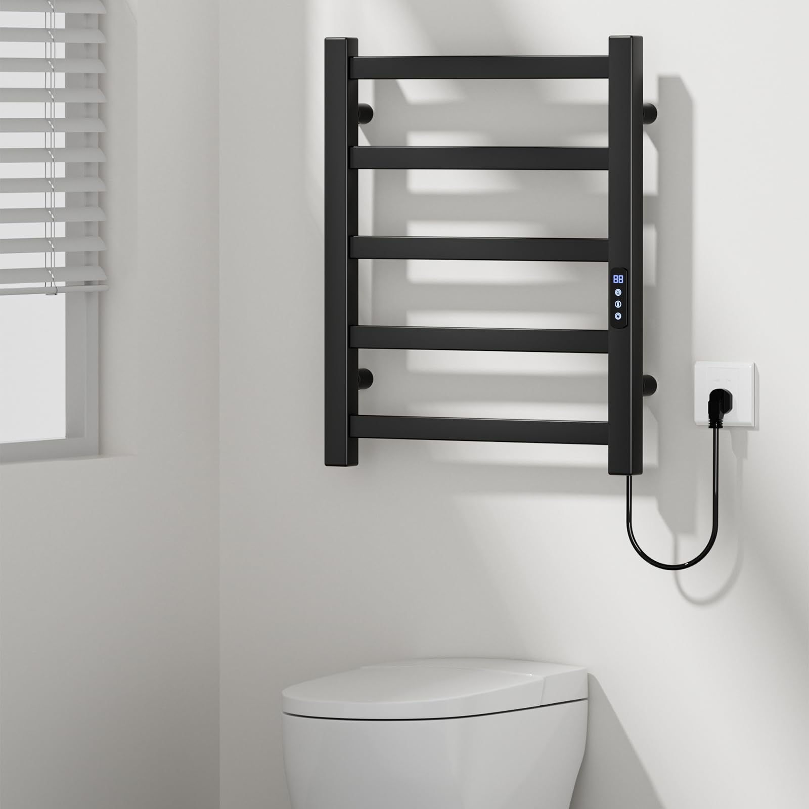 Scaldasalviette elettrico nero 700 x 500 mm con touch screen LED, scalda asciugamani a tempo e temperatura regolabile
