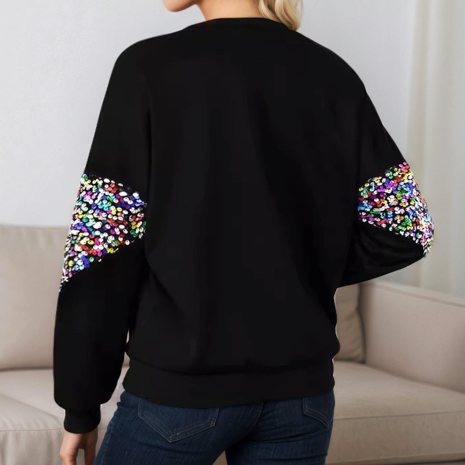 Sudadera Mujer Sin Capucha，Sudadera Mujer Cuello Manga Larga con Lentejuelas Ropa Informal Otoño Invierno