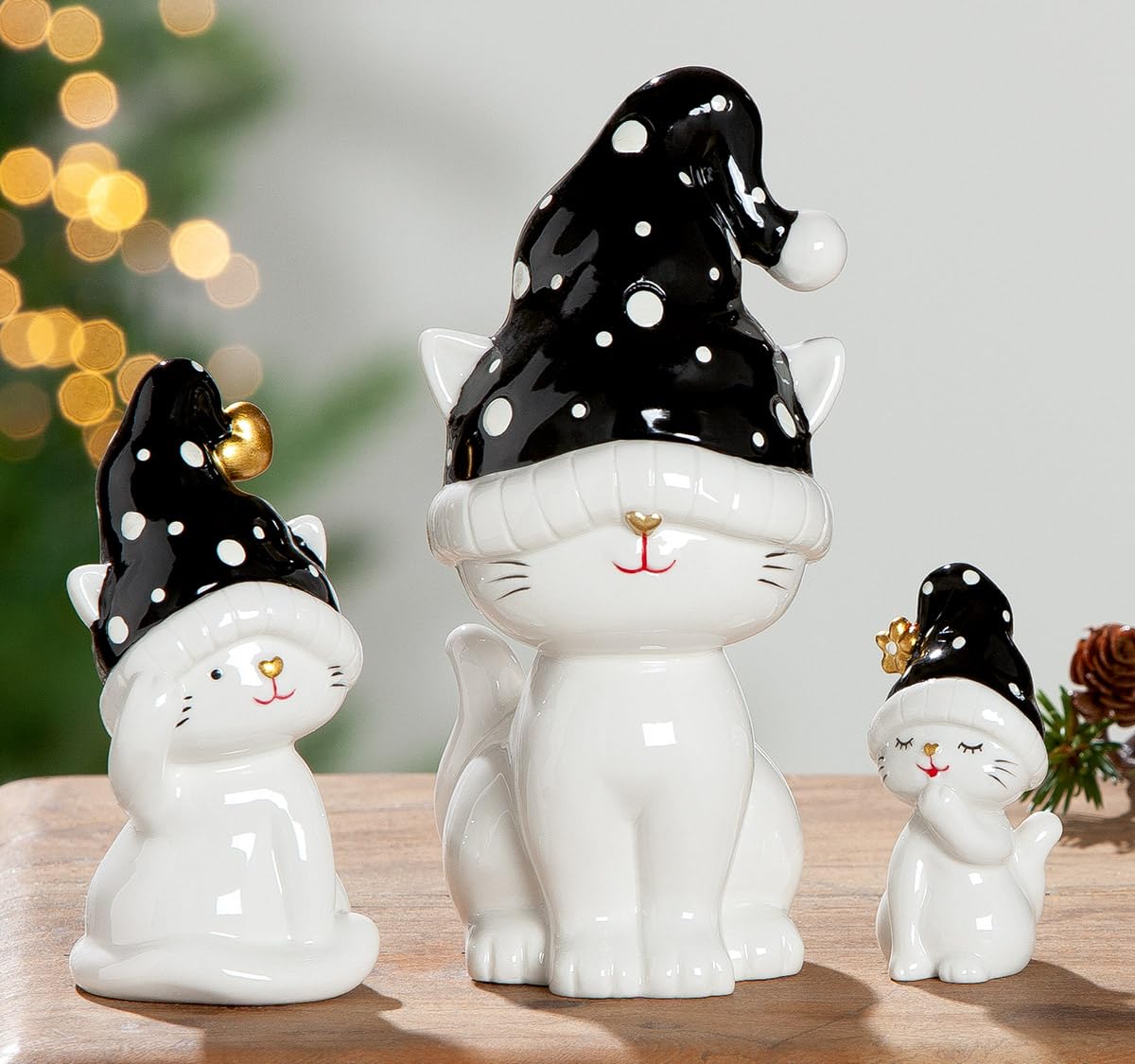 AlexandreHouse Pack of 3 Figures, Cat, Dotted, Porcelain, White, PU 3, Assorted 3 times, H. 18 cm, D. 9 cm