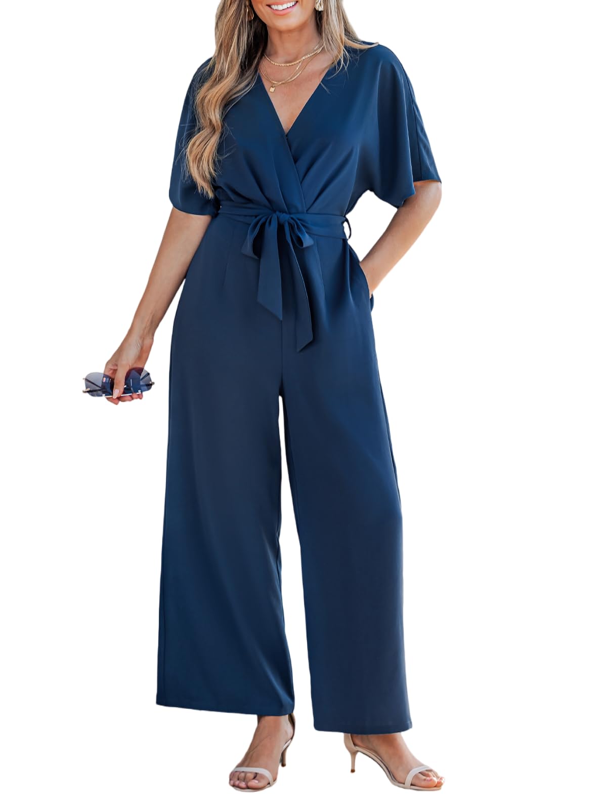 CUPSHE Damen Elegant Jumpsuit V-Ausschnitt Dolman-Ärmel Overall mit Gürtel | Fließender Stoff, Lockere Passform, Feminine Silhouette, Bequemer Sitz, Ideal für Büro, Dinner und besondere Anlässe