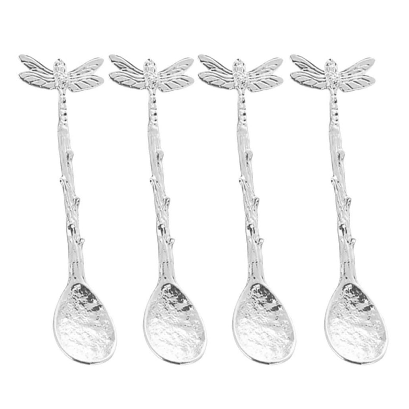 Beimus Of 4 Unique Dragonflies Stirring Spoons Vintage Styles Teaspoons with Dragonflies Shape Handle Kitchen Gadgets Dessert Spoon Set