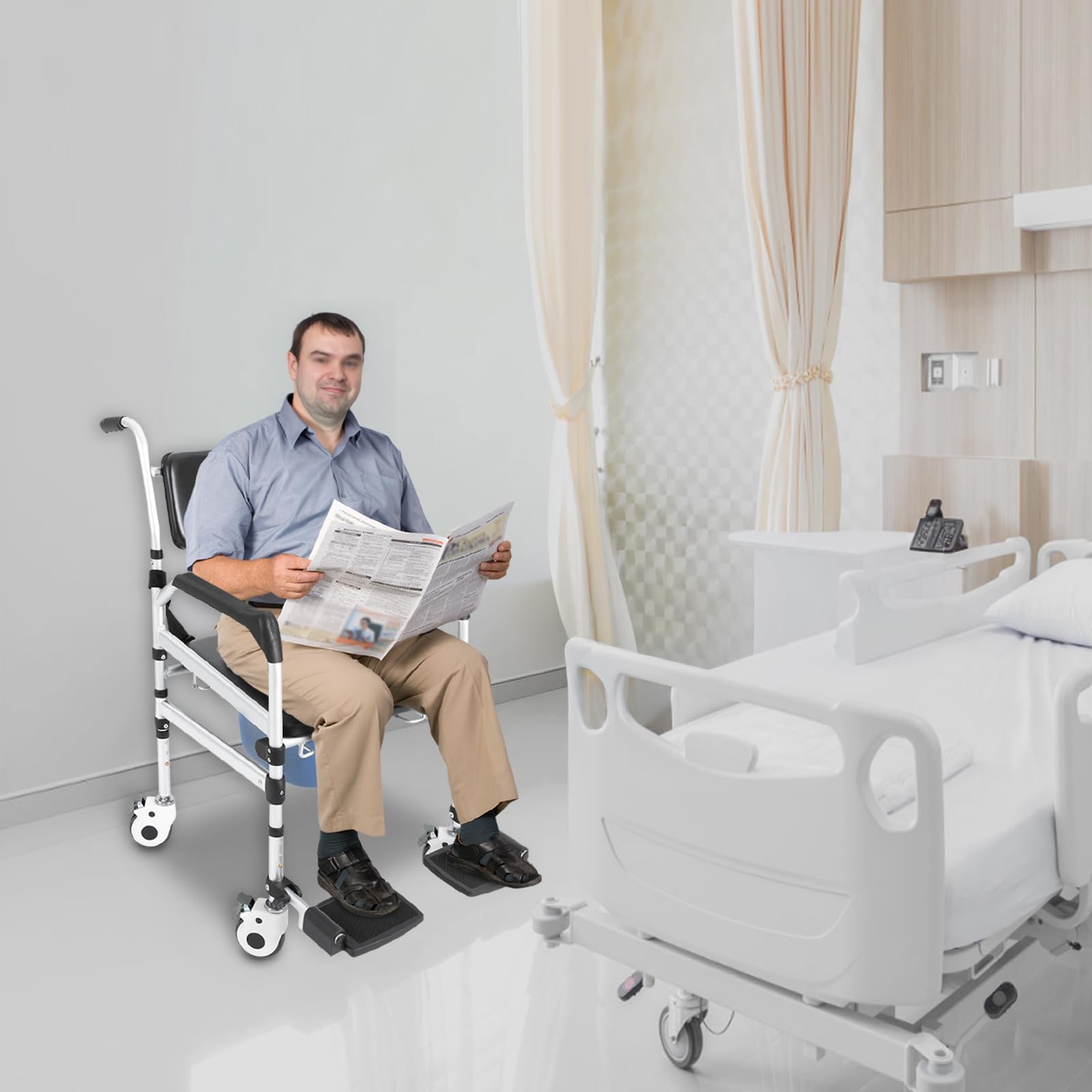 Silla de ducha de altura ajustable con bidé, antideslizante, para personas mayores y cuidados, soporta 160 kg, plegable y con 4 ruedas de freno, incluye cojín suave, cinturón de seguridad y reposapiés