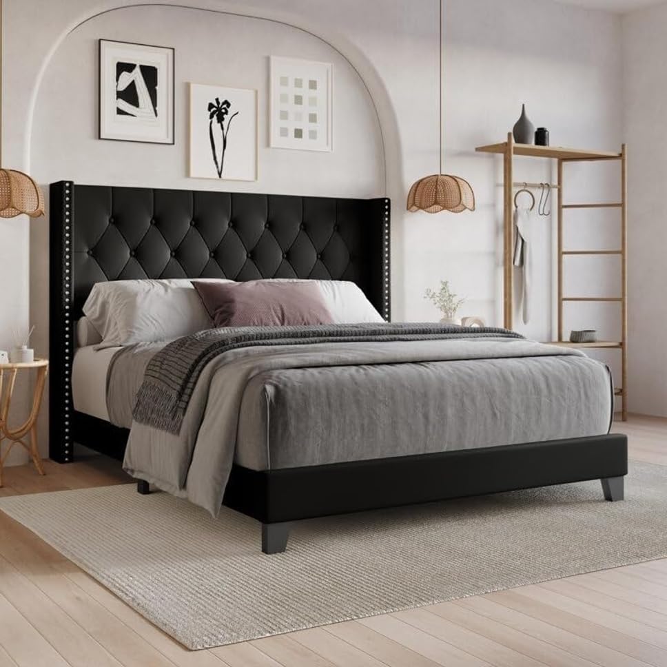 Image of Wooden Modern Upholstered King Size Bed for Bedroom | Wooden Double Bed Without Storage | Platform Cot Upholstered Bed with Upholstery Fabric | Engineered Wood | 6.5 x 6 Ft | Black Waylen