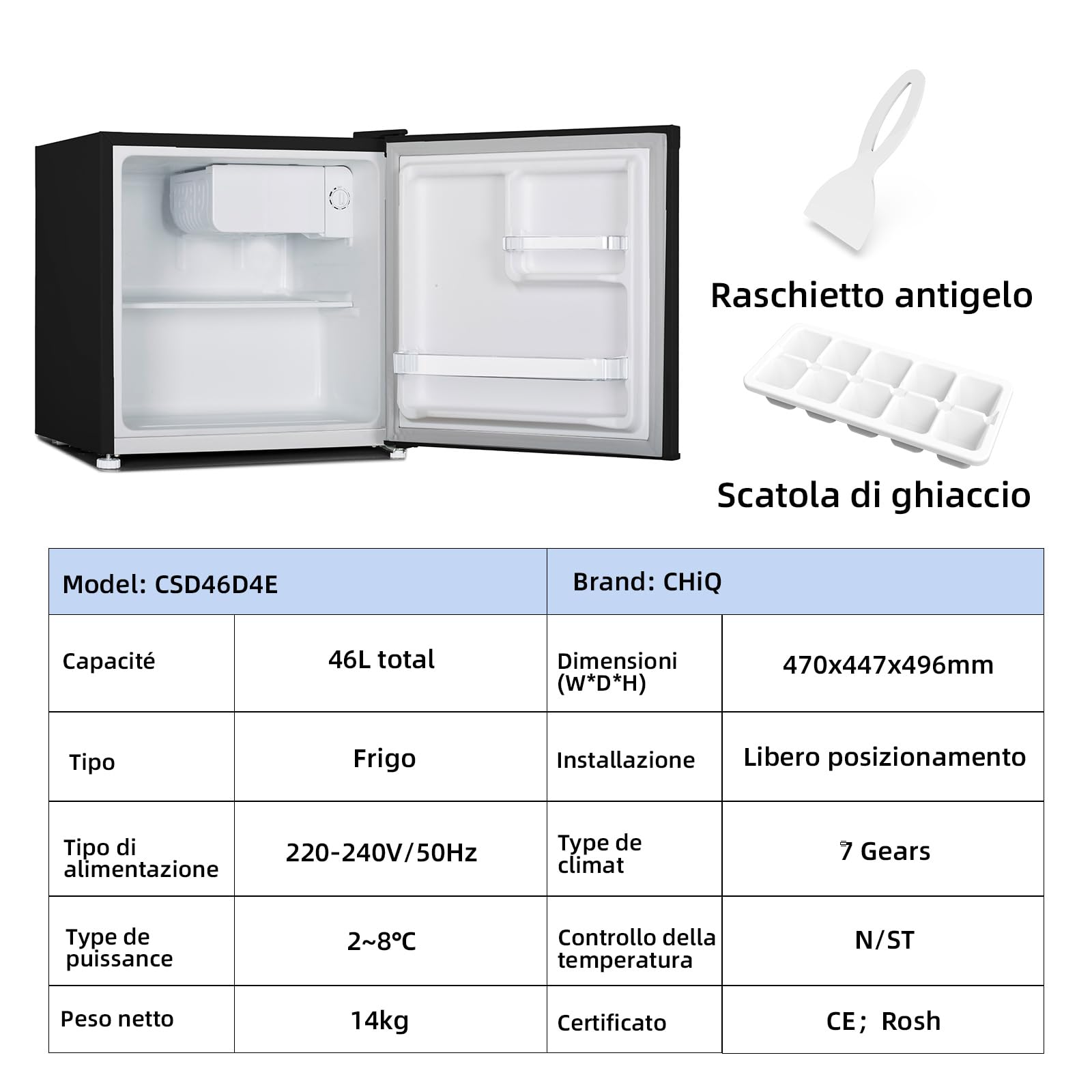 CHiQ Mini frigorifero 46 litri, 47x44,7 cm, frigorifero da tavolo con portabottiglie, scomparto refrigerato, termostato regolabile, silenzioso, per dormitorio, cucina, soggiorno, colore scuro 2023