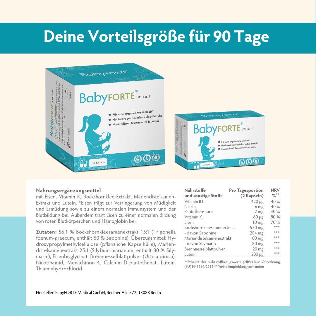 BabyFORTE® Stillzeit 180 Kapseln - 90 Tage - Bockshornklee 15:1, Eisen, Lutein, extra ohne Fenchel, Stillzeit Vitamine