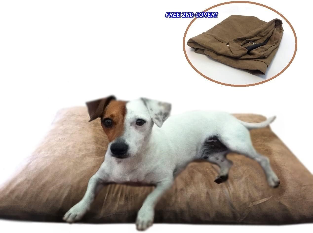 Extra Stuffed Mixed Memory Foam Pillow Bed: Brown Suede Luxurious Comfortable Anti Slip Cover Waterproof Dog Bed for Medium to Large Dogs (40"x35")