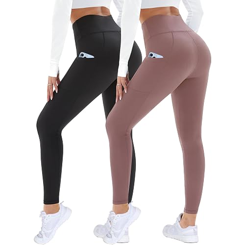 DDOBB 2 Pack Leggings for Women Black Gym Leggings with Pockets | Tummy Control Stretchy High Waist Pants Trousers for Fitness Yoga Running Regular Plus Size - Black+pink - L-XL