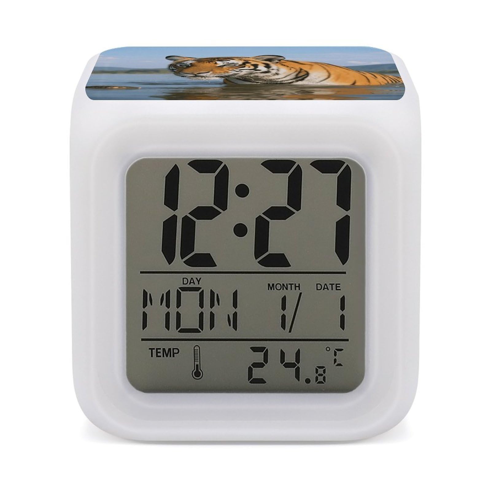 FodPand 7 Color Ambient Night Light Cube Battery Operated Tiger Digital Clock with Snooze Temperature LED Digital Alarm Clocks Dimmable Wake Up Light Portable Mood Lamp for Bedroom Desk Gift