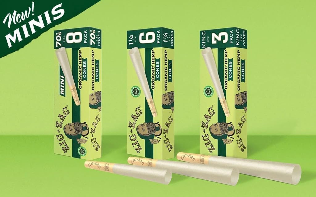 Zig-Zag Organic Hemp Mini Pre Rolled Cones - 70mm, 18 Pack Carton (8 Cones per Pack, 144 Total)