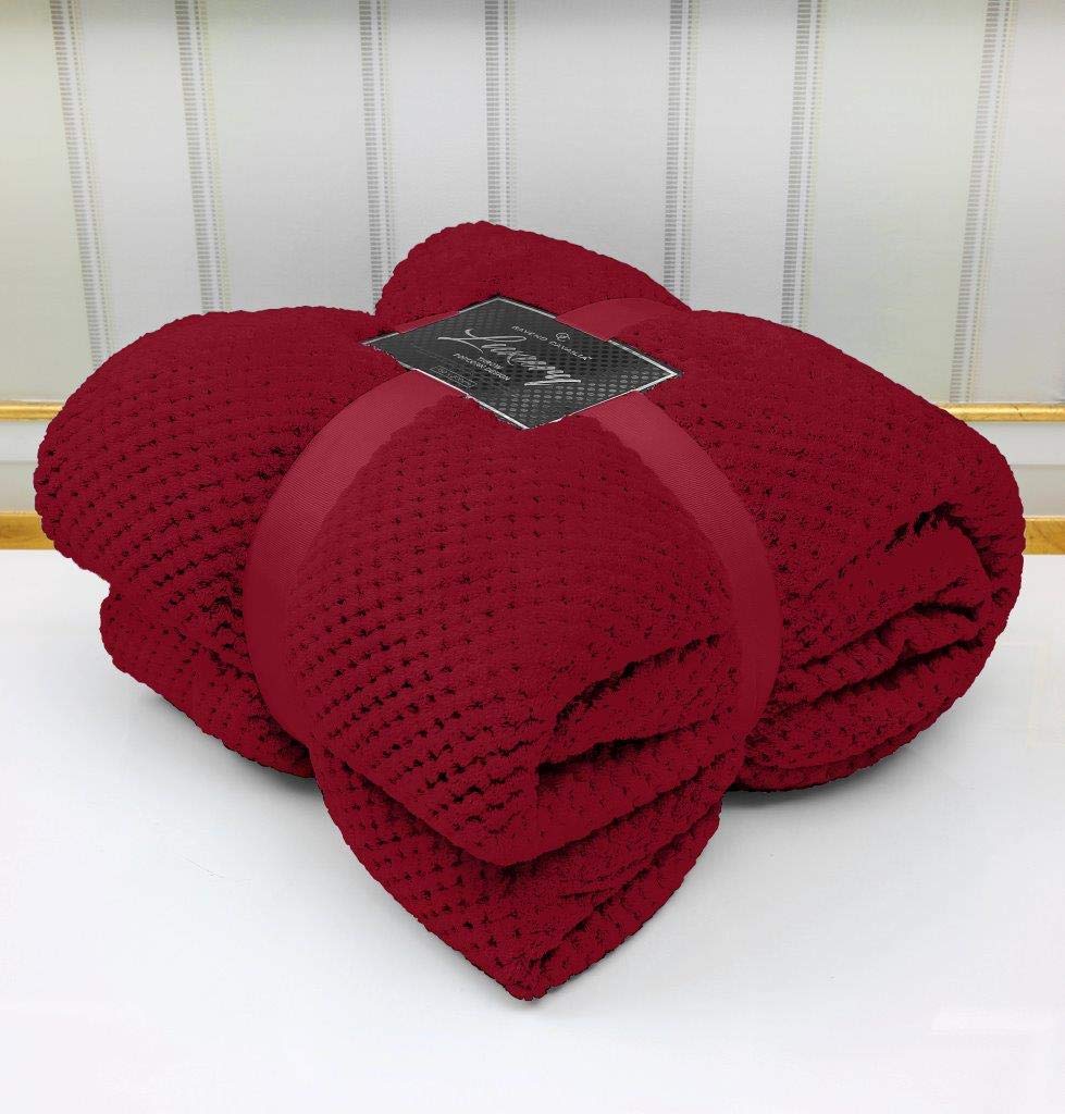 Artistic Fashionista* Red Luxury Popcorn Super Soft Fleece Waffle Blanket Throw Ideal For Sofa Bed Settee 130X150cm (, Double - 150X200cm)