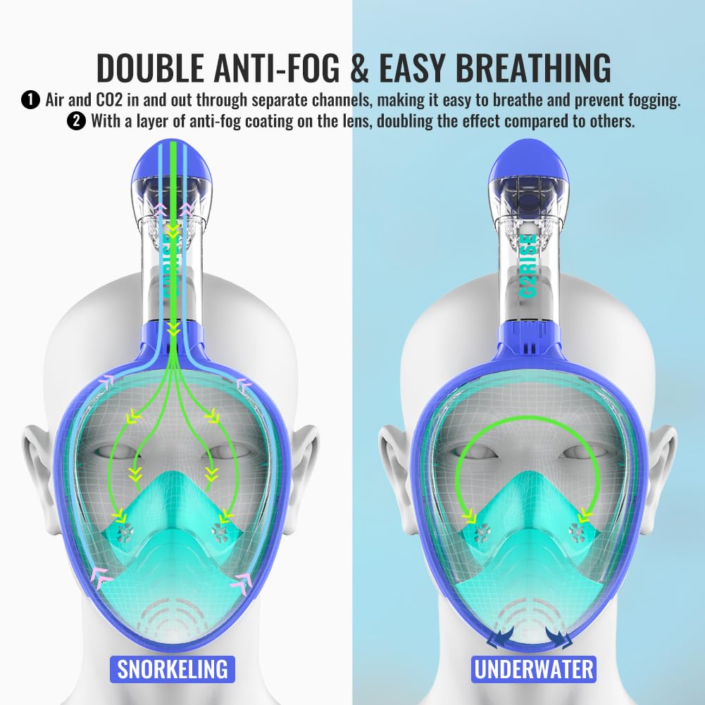 G2RISE Maschera da Snorkeling Pieno Facciale, Maschera Subacquea Set con Supporto per Lo Snorkeling Rimovibile, Antiappannamento e Design Pieghevole per Adulti Bambini