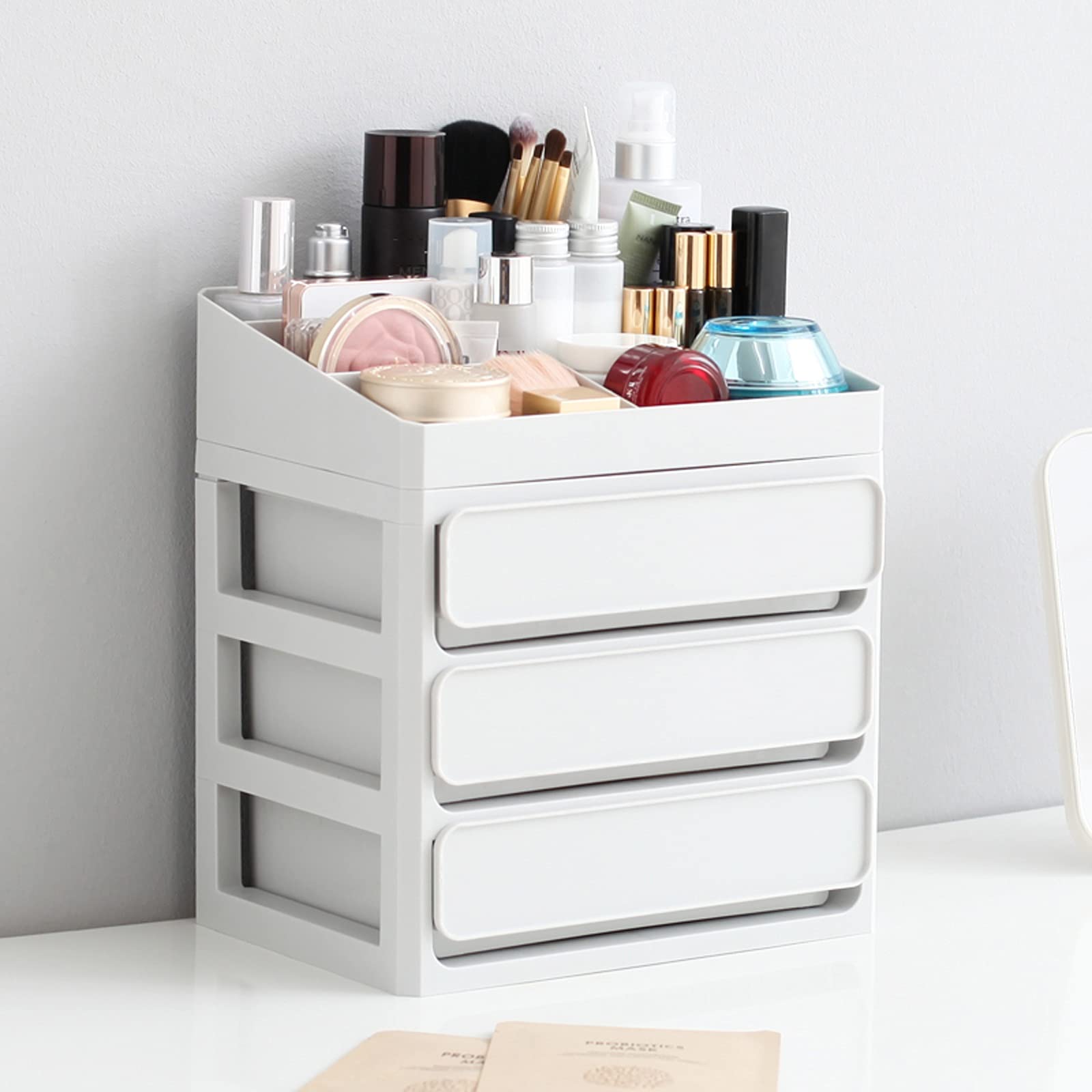 Boîte de rangement de bureau Boîte de rangement de bureau de bureau de salle de bains avec 3 tiroirs en plastique empilable de type plastique Cosmétiques Boîte de rangement Organisateur De Bureau En B