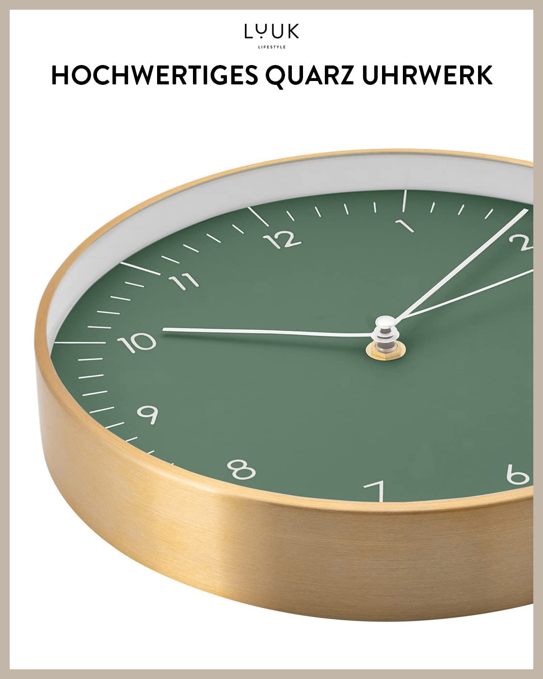 LUUK LIFESTYLE Geräuschlose Wanduhr mit Quarz Uhrwerk, minimalistisch & modern, Deko Geschenk für Einzug, 24cm groß, in grün und Gold