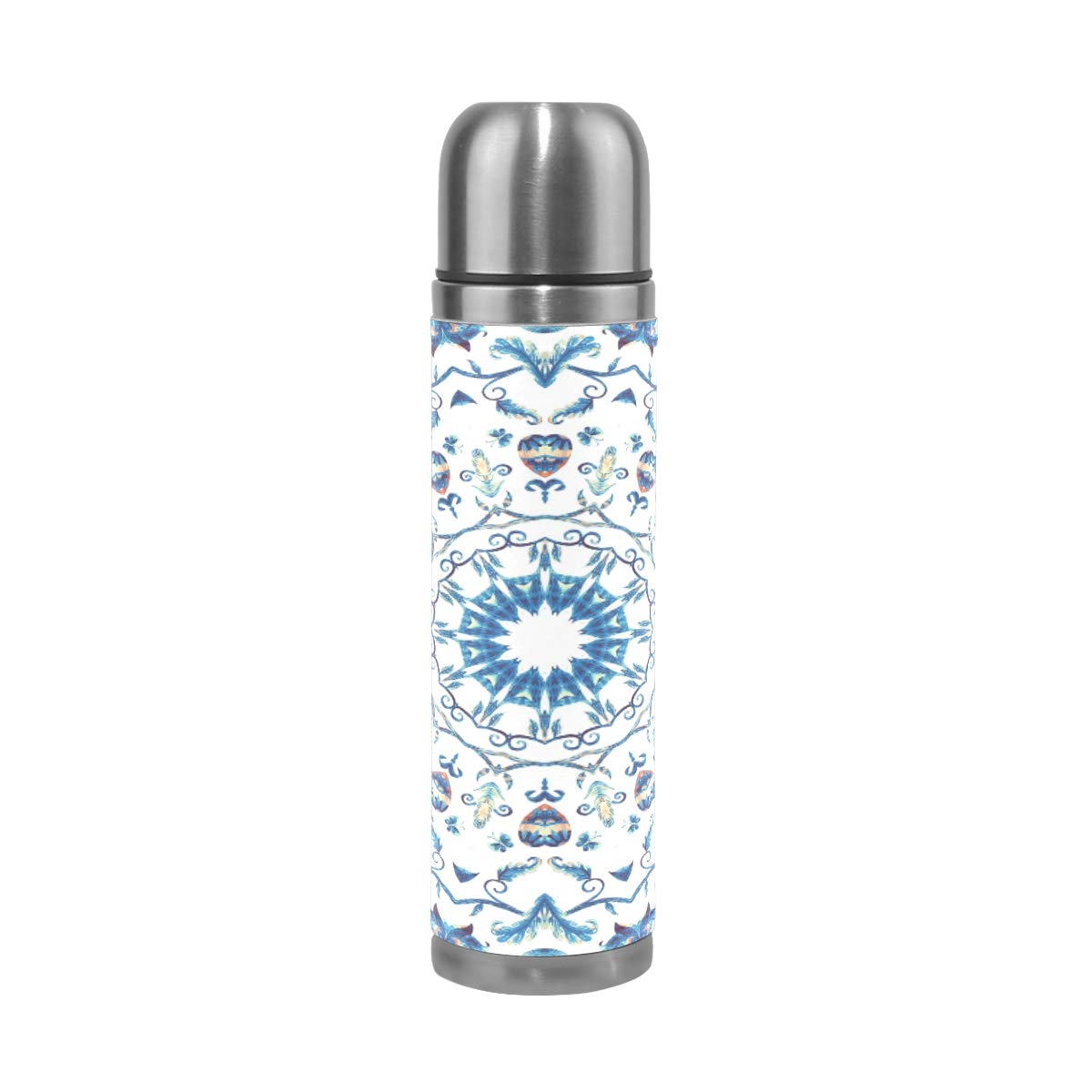 Taza de viaje aislada al vacío de acero inoxidable con doble pared a prueba de fugas, botellas de acuarela Mandala personalizada impresa en cuero genuino envuelta termo termo termo 500 ml