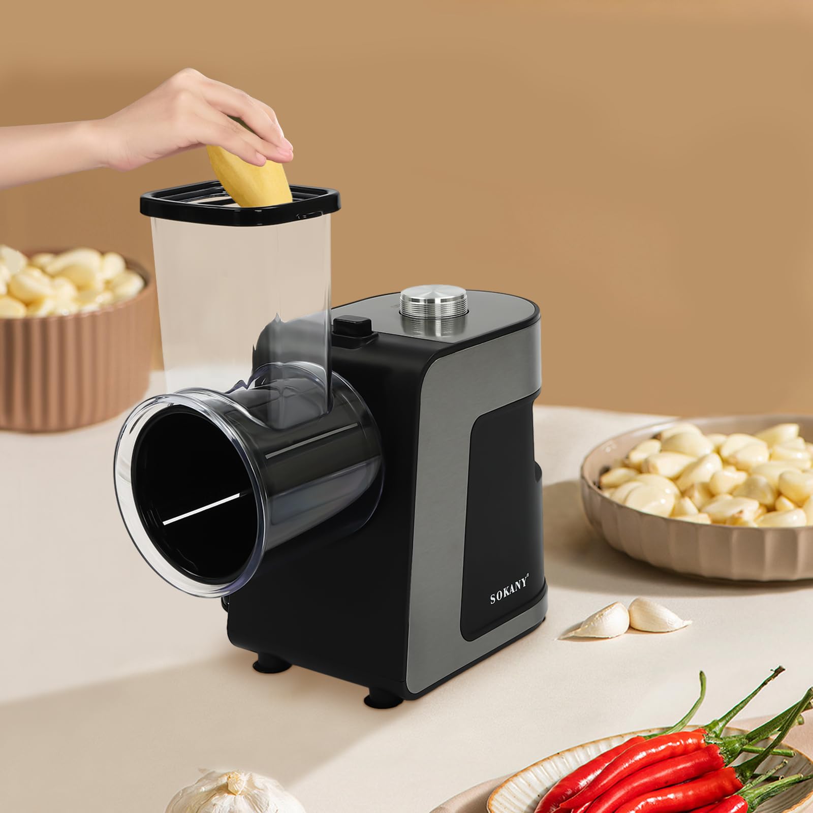Cortador de verduras eléctrico, independiente, rallador de queso con 5 cuchillas, picadora multifuncional para patatas, rábanos, pepinos