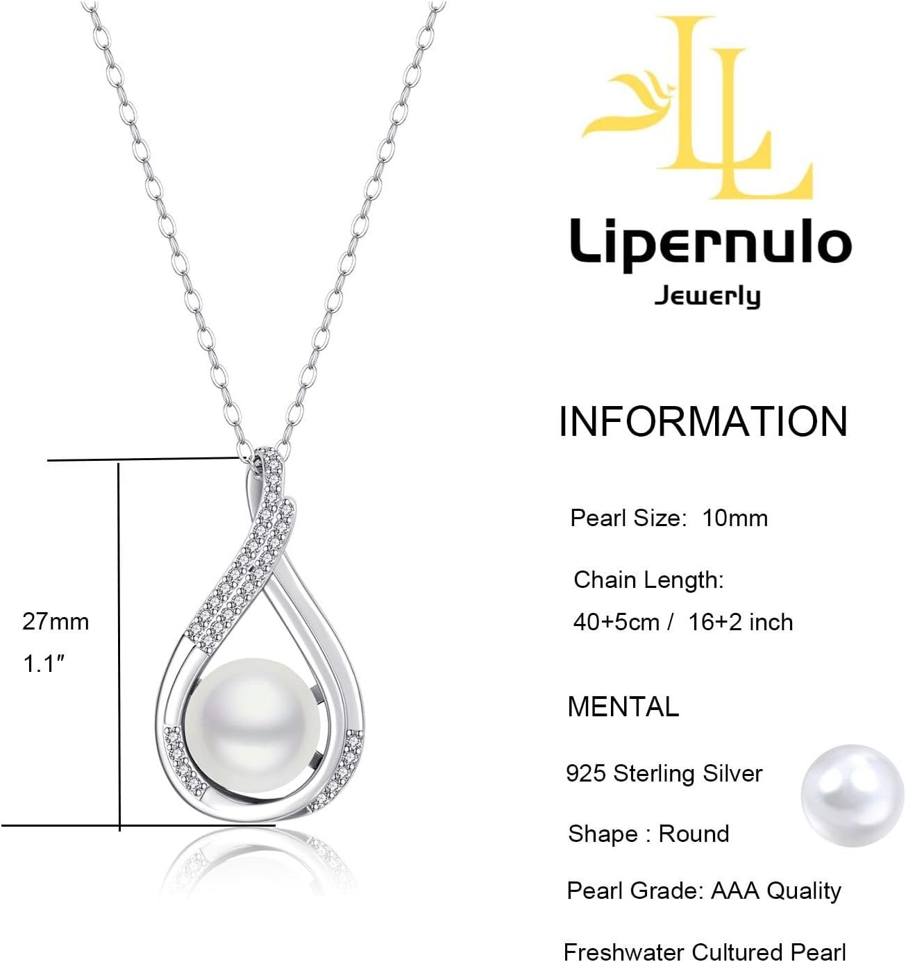 Round Pearl Necklace, Infinity Single Pearl Pendant with 16" Sterling Silver Chain, Mothers Day Anniversary Birthday Wedding Jewelry Gifts for Women - Image 5
