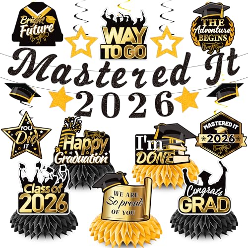 NO-DIY Masters Graduation Decorations Black Gold Mastered It Graduation Decorations Glitter Mastered It 2026 Banner Class of 2026 Masters Degree Graduation Decorations Swirls Honeycomb Centerpieces