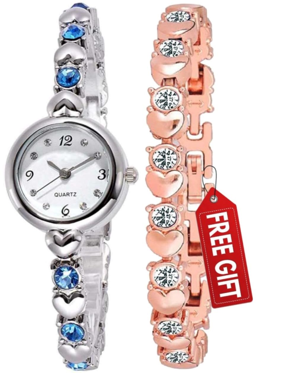 Acnos Premium Stainless Steel Analog Silver Heart Shape Round dial Blue Diamond with Rose Gold Bracelet Womens Watch - Pack of 2 (B08WLZQK5V) Amazon Price History, Amazon Price Tracker