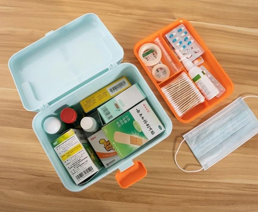 Image of HomeCloud Plastic First Aid Box with Tight Lock Mechanism & Convenient Handle | Multi-Purpose Medicine Storage Organizer for Medicines, Bandages, Ointments & Medical Tools (Dark Blue)