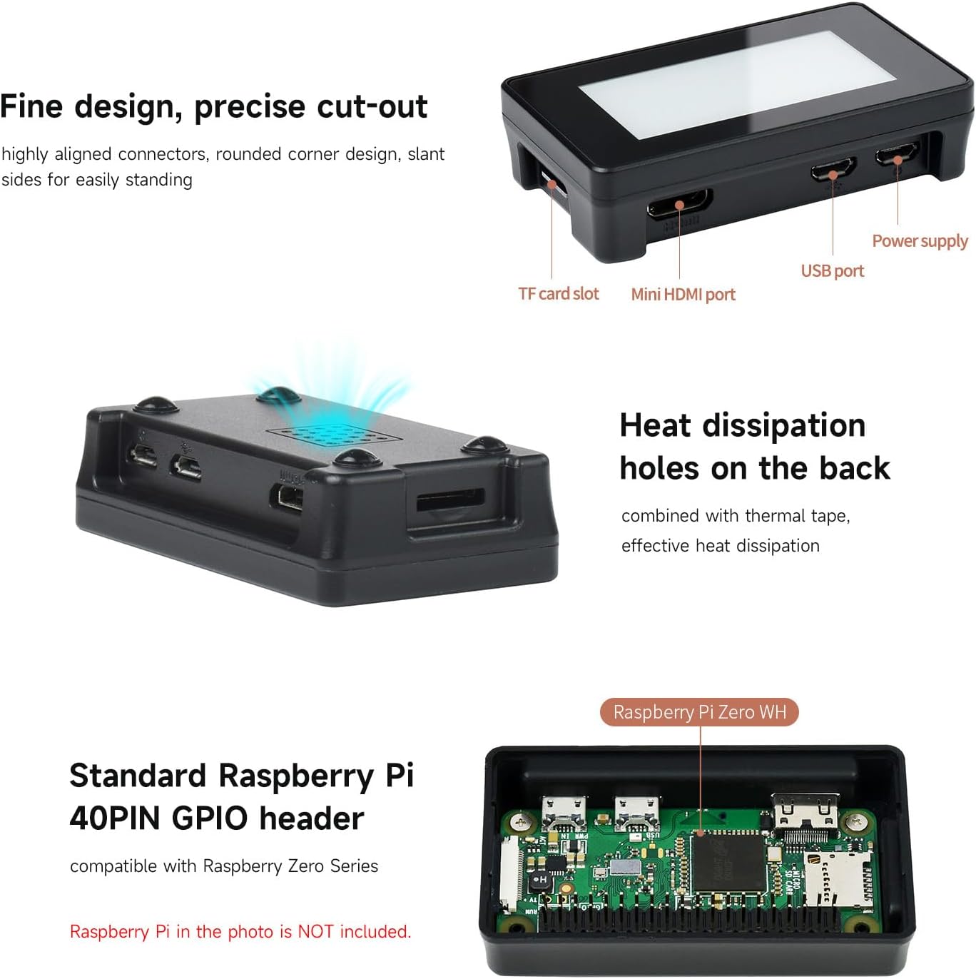Images showing the fine design and precise cut-outs of the Waveshare e-Paper HAT case, including ports and heat dissipation holes.