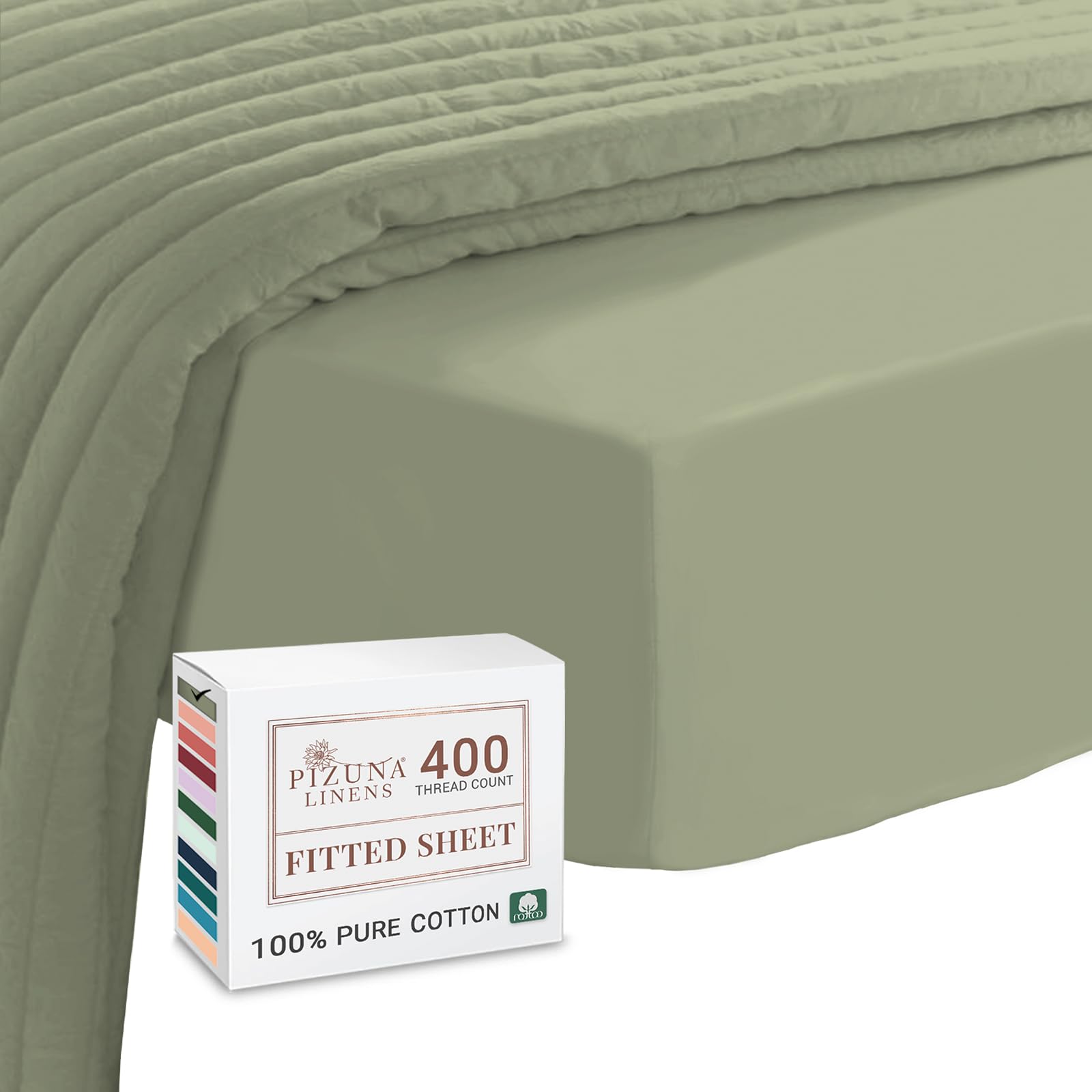Pizuna Light Sage 100% Cotton Small Single Fitted Sheet 400 Thread Count Long Staple Cotton Small Single Fitted Sheet 80X200 Cm, Sateen Weave 40 Cm Deep Fitted Sheets 1 Pc