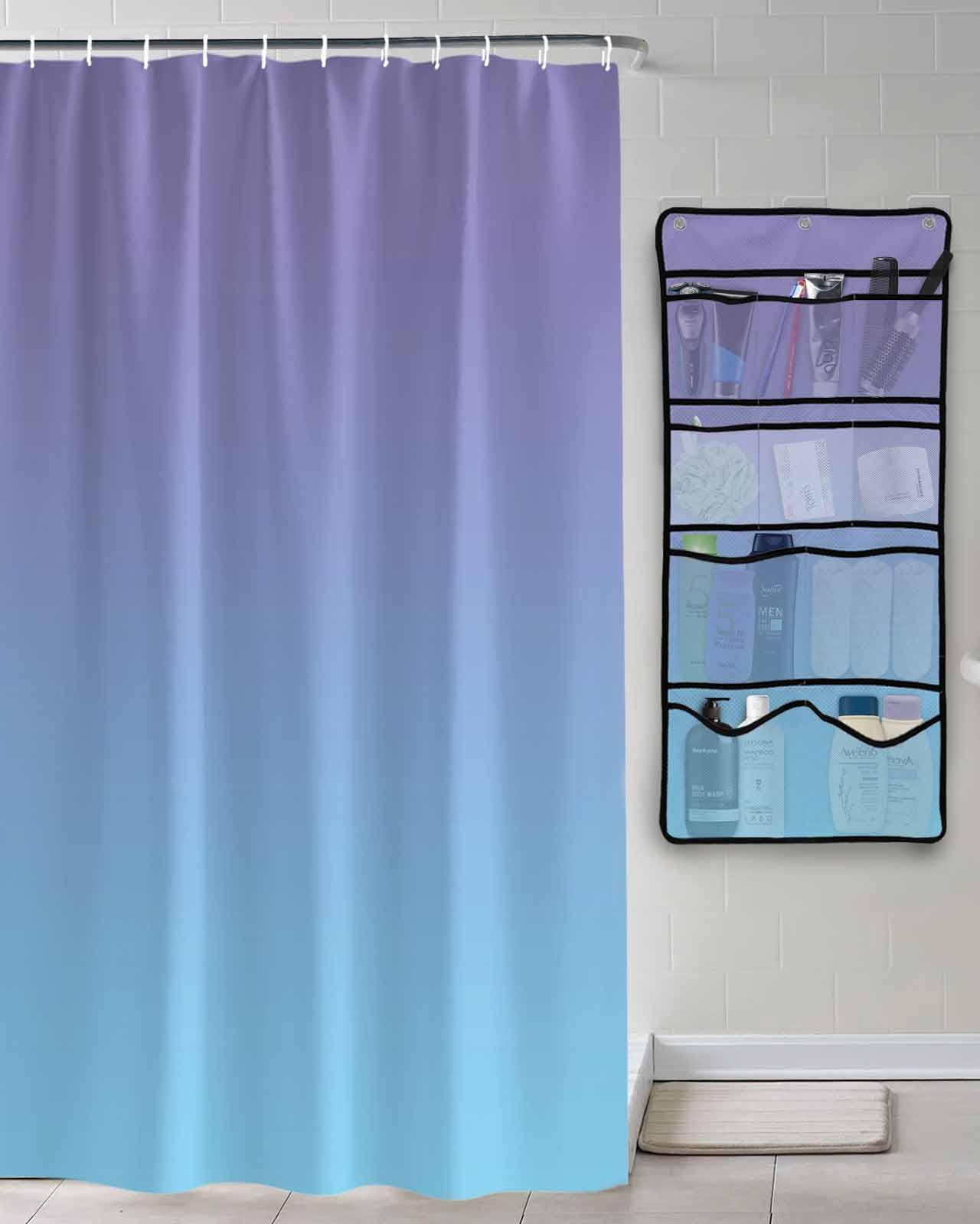Shower Curtain Mesh Shower Organizer Hanging Set Purple and Blue Gradient Waterproof Shower Curtains with 10 Pockets Quick