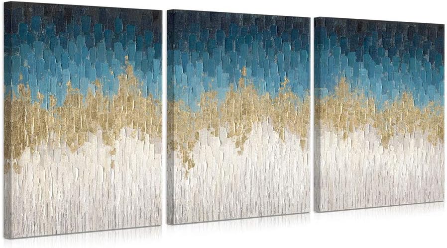 B BLINGBLING Blue and Gold Abstract Canvas Wall Art with Gold Foil Dark Blue Abstract Painting 3 Pieces Abstract Prints Contemporary Decorative Pictures for Living Room Wall Decor 12"x16"x3