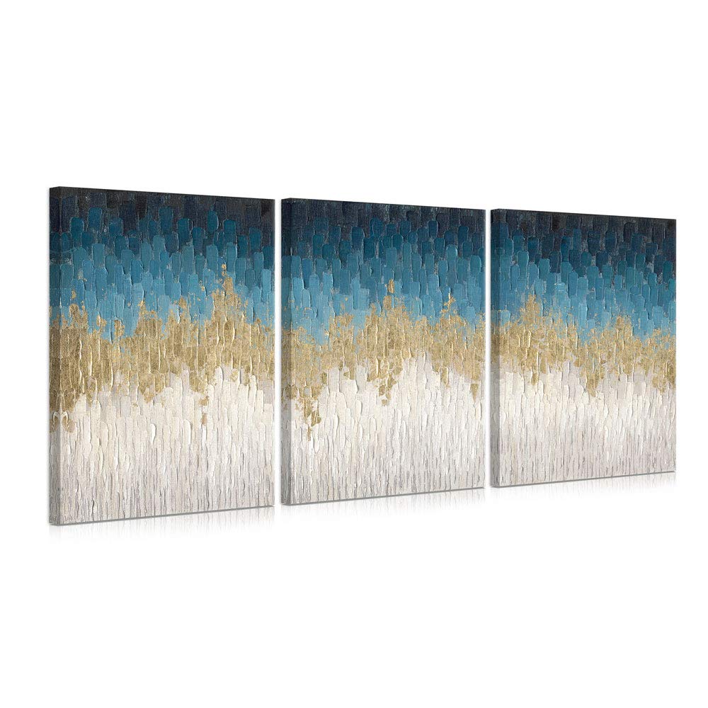 B BLINGBLING Blue and Gold Abstract Canvas Wall Art with Gold Foil Dark Blue Abstract Painting 3 Pieces Abstract Prints Contemporary Decorative Pictures for Living Room Wall Decor 12"x16"x3