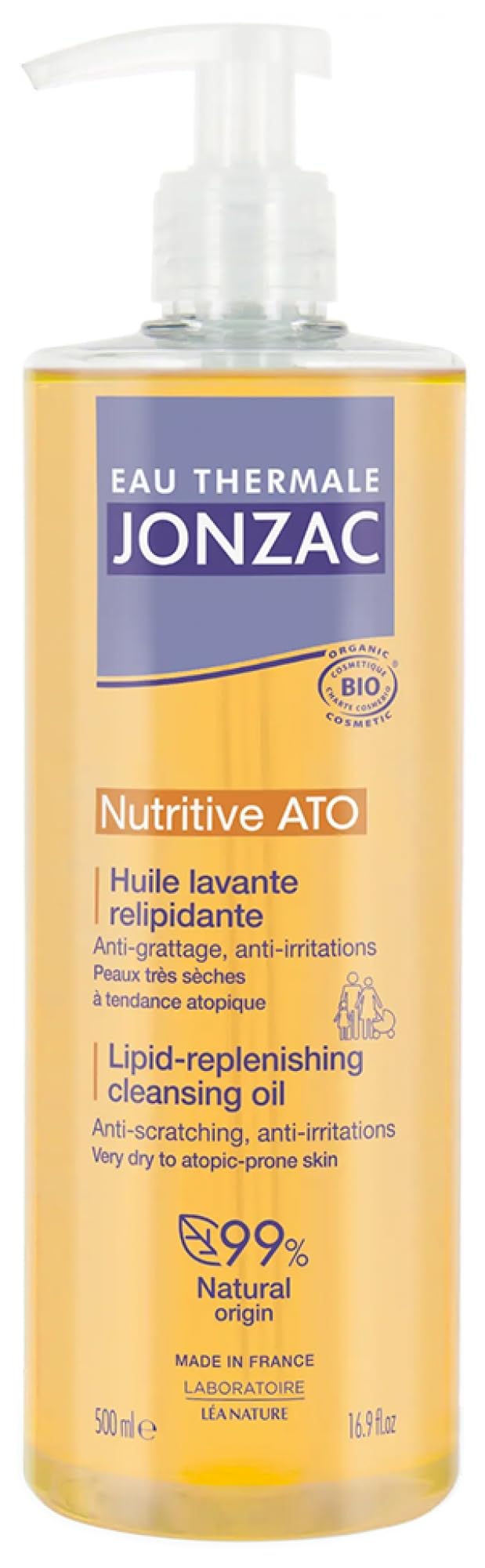 Eau Thermale Jonzac | Huile Lavante Relipidante BIO - NUTRITIVE ATO+| Apaise – Calme les démangeaions | Haute tolérance | Peaux très sèches à tendance atopique | 99% d’origine naturelle | 500 ml