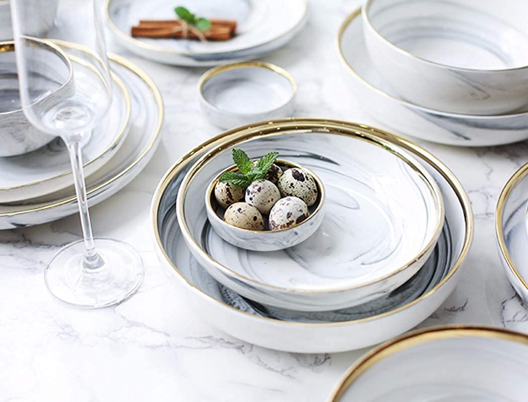 7 pièces marbre Blanc Vaisselle en céramique Salade de Riz Nouilles Bol Assiette à Soupe Ensembles de Vaisselle Vaisselle Cuisine Outil de Cuisson