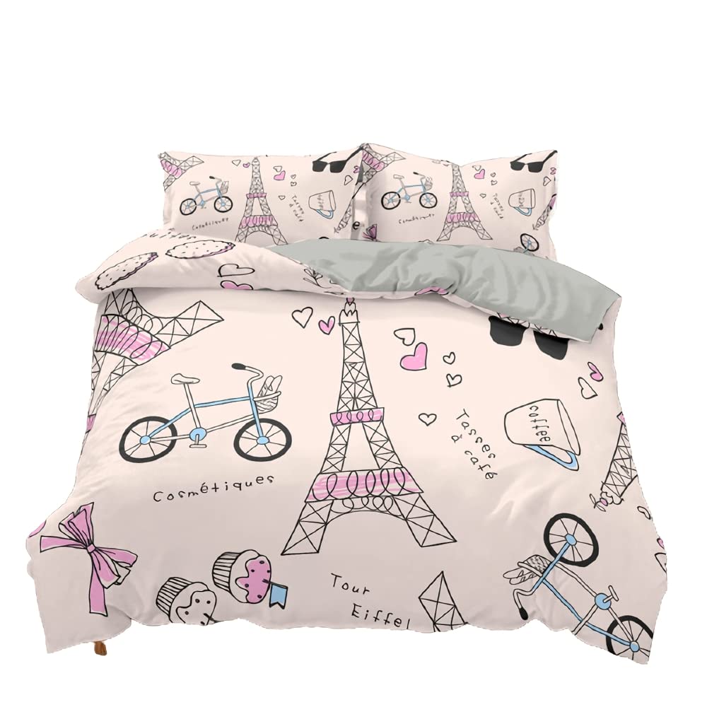Funda Nordica Cama 90/105/135/150 Juveniles Chico La Torre Eiffel Bicicleta Corazón Microfibra Cremallera Juego De Cama Funda De Edredón Ropa De Cama 3 Piezas (Beige,Cama 80/90 (180 x 210 cm))