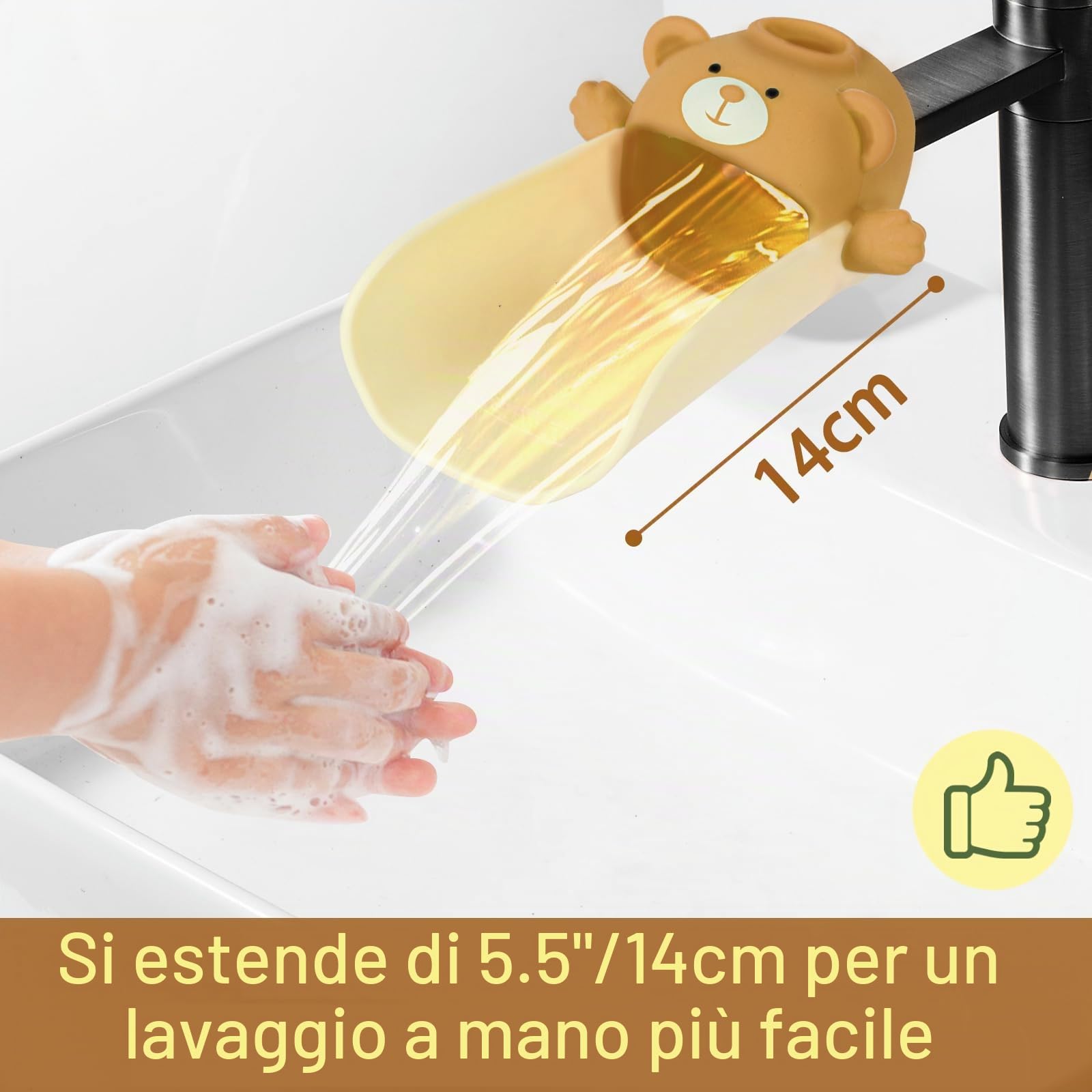 Estensore Rubinetto Bambini,Con effetto sensore di temperatura, Prolunga Per Rubinetto Per Bambini, Prolunga per rubinetto in silicone, Extender Rubinetto Bambini Kids Babies (Marrone)