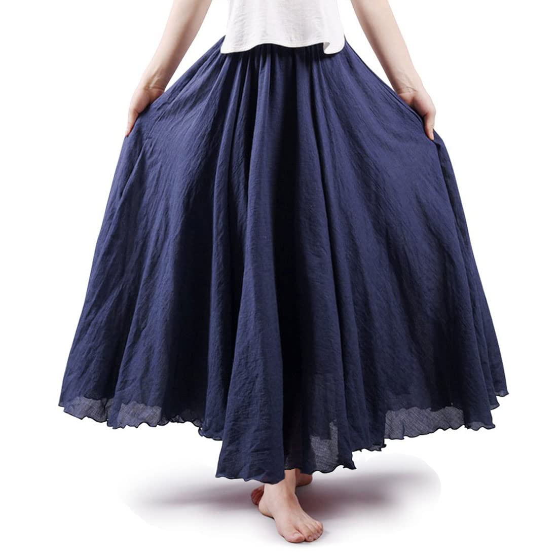 ASHER FASHIONWomen's Bohemian Style Elastic Waist Band Cotton Linen Long Maxi Skirt Dress