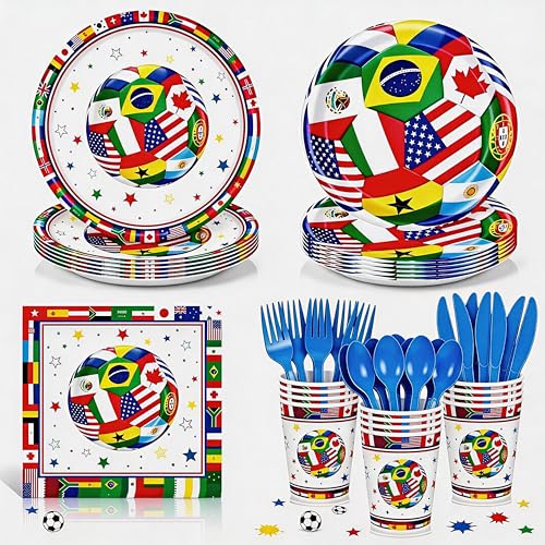 NguyenNiu 168 Pcs Soccer Party Supplies Serves 24 World International Flag Tableware Set Disposable Paper Plates Cups Napkins and Cutlery for Boys Birthday Sports Decor