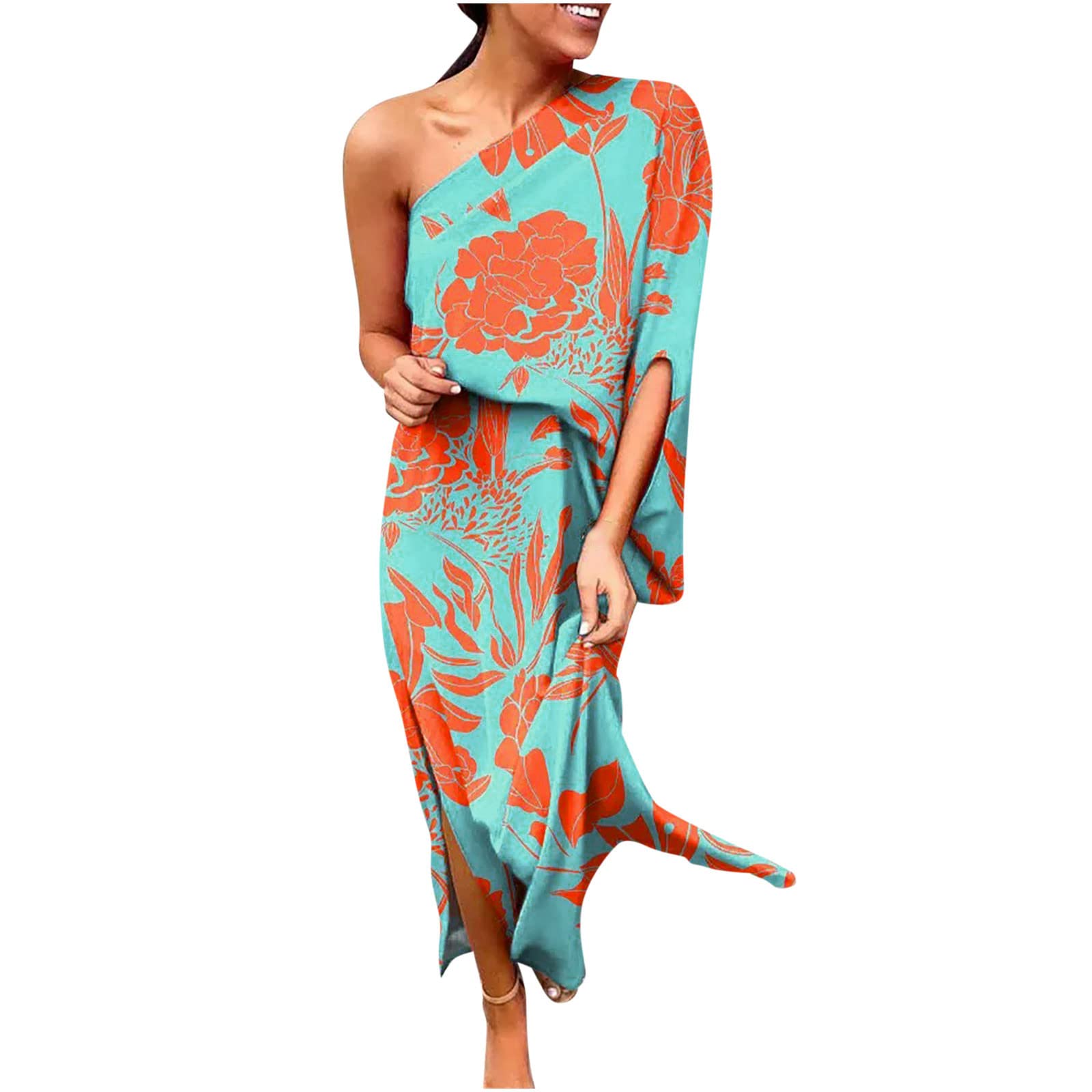 NUSGEAR 2023 Vestidos Largo Mujer Moda Impresión Fiesta Vestido de Noche un Hombro Elegante Vestidos de Cóctel sin Manga Extra Larga Casual Vestido Partido Novia Boda Vestir