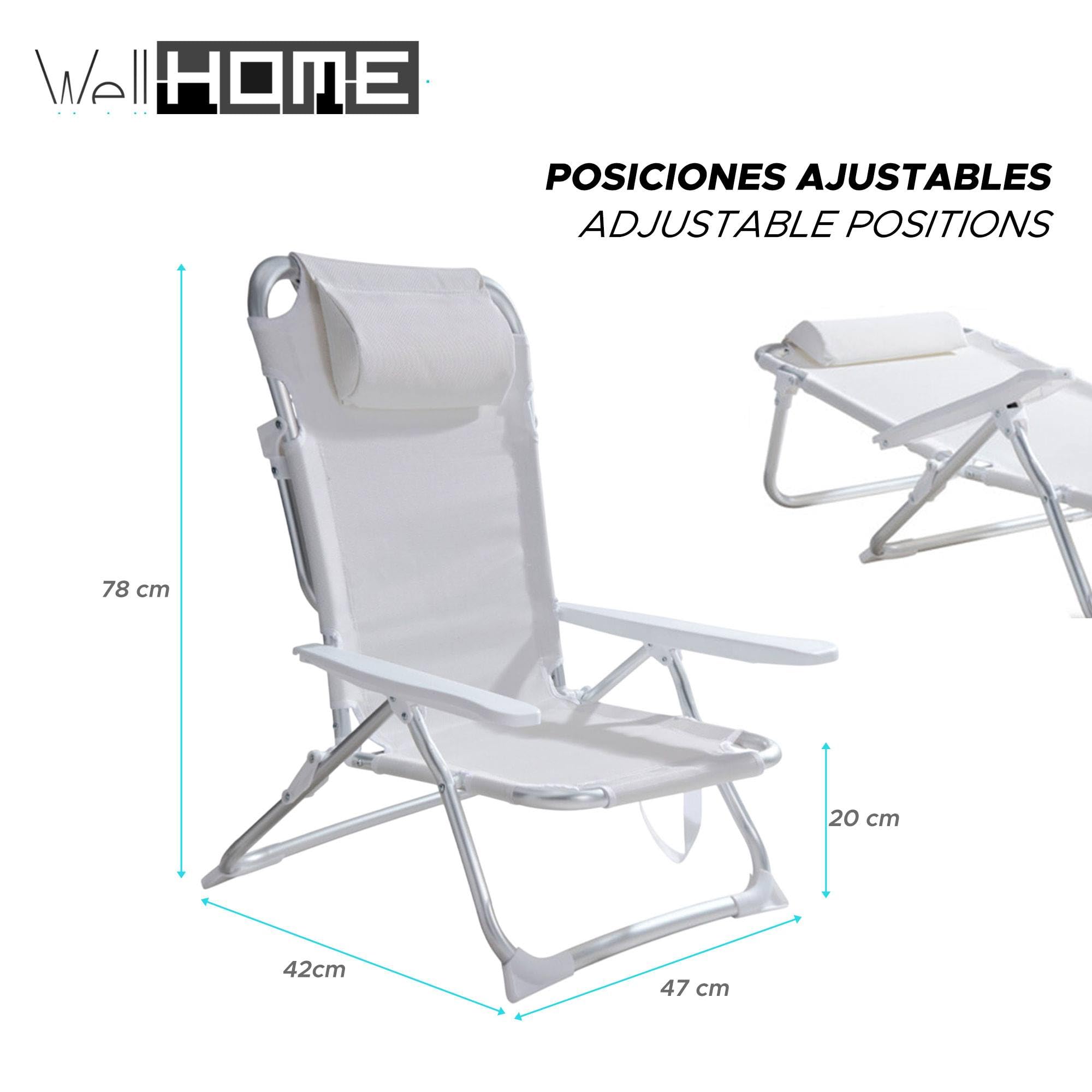 Well Home Silla de Playa Aluminio Tubo Ø22mm con Almohada, textilene 2x1 Tela Blanca, Altura Total 78cm, Asiento 47cm
