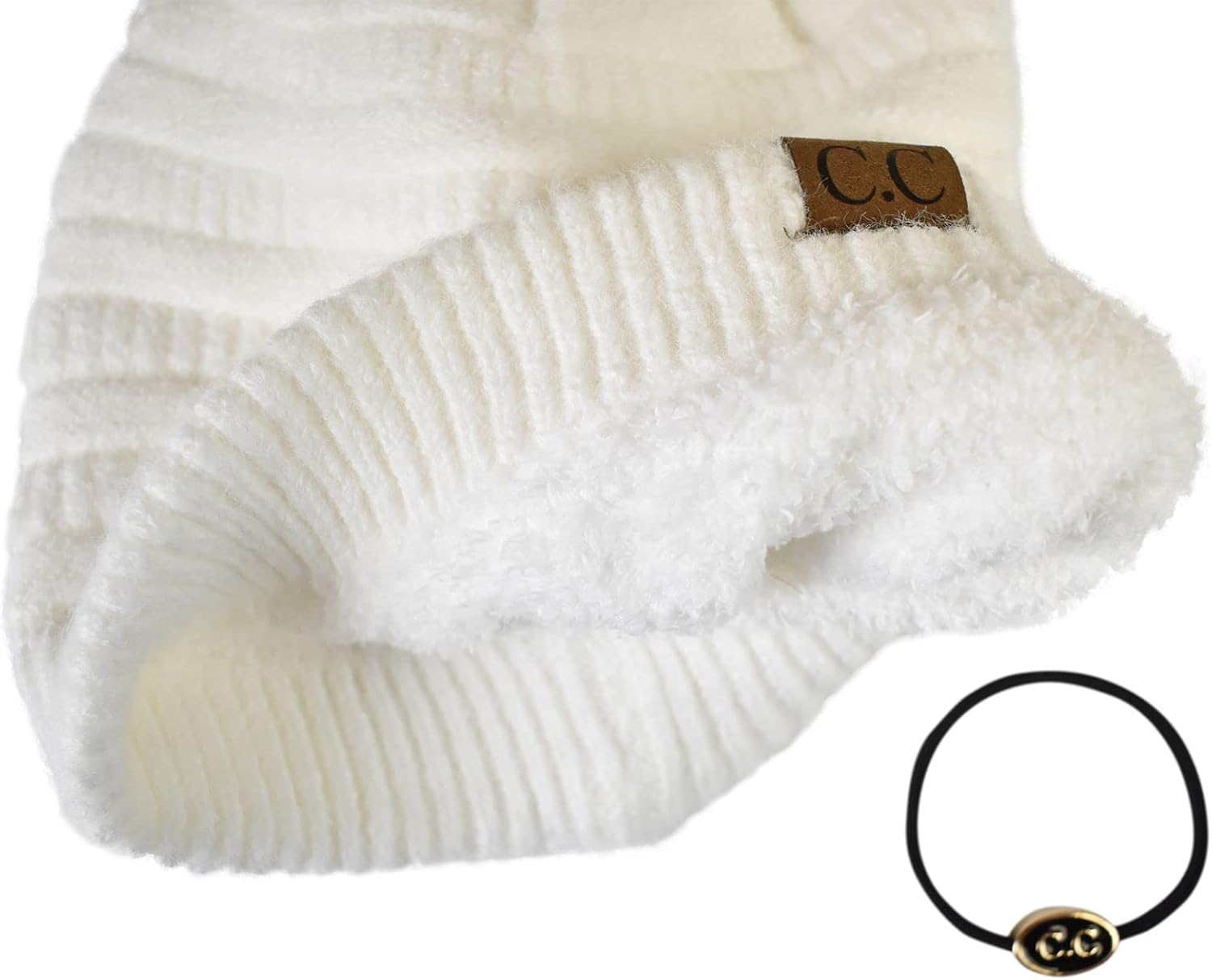 C.C ユニ 分厚い ソフト ストレッチ ケーブルニット 暖かい ふわふわ 裏地付き スカリー ビーニー, ホワイト ヘアタイ付き,