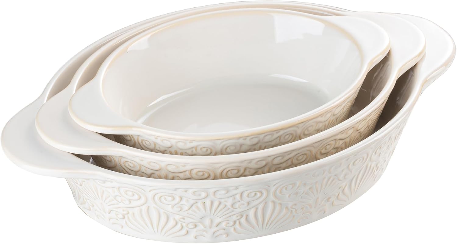 Casserole Dishes for Oven Sets of 3, Ceramic Oval Baking Dish, Au Gratin Baking Pans with Handles for Roasting, Lasagna, Pie, Baking Meat & Vegetables (Beige White)