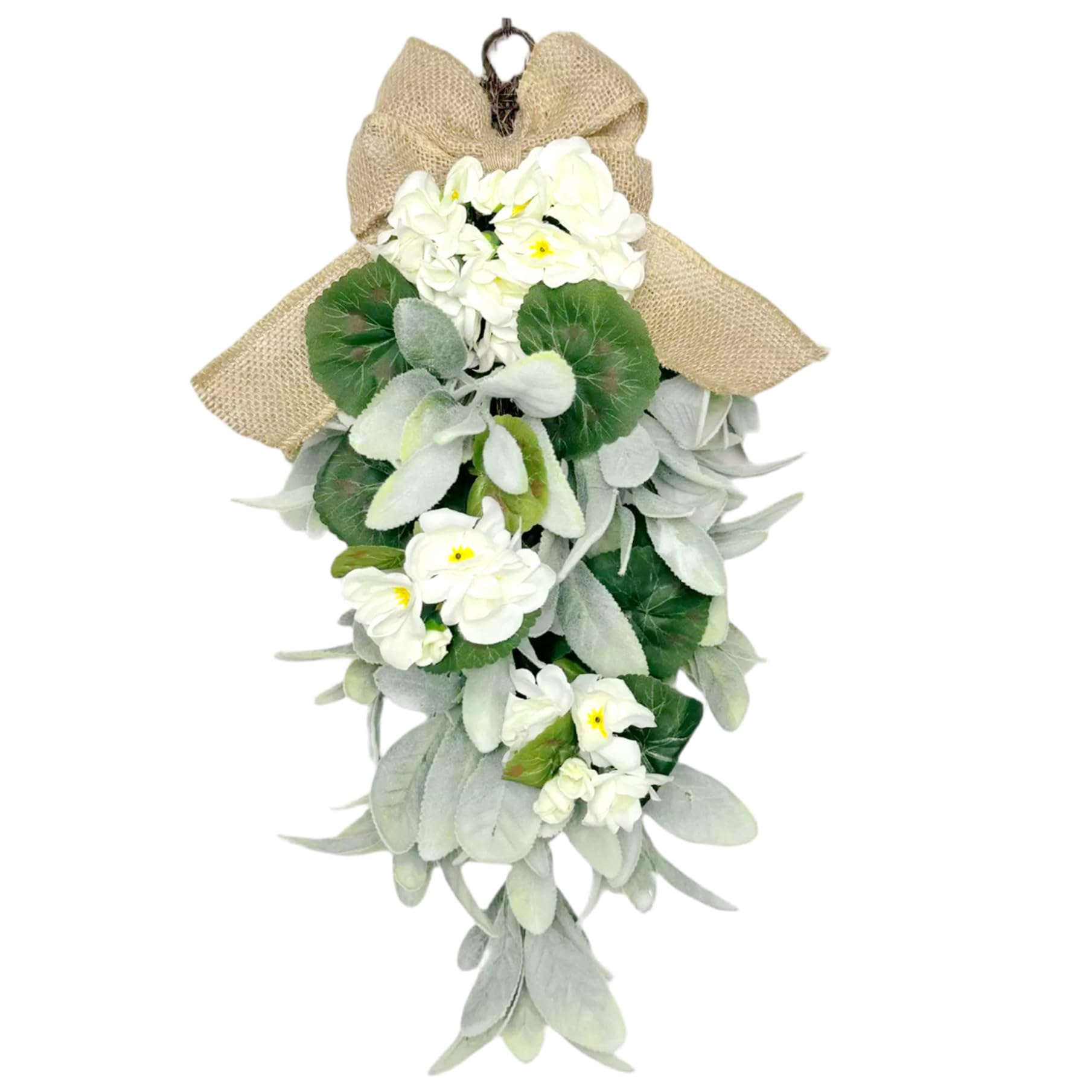 Teardrop Wreath, 18.9 Inch Artificial Teardrop Swag with Burlap Bow - Farmhouse Decor for All Seasons, Green and White Faux Wreath for Front Door, Wall, or Wedding, Swag