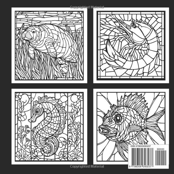 Sea Creatures Stained Glass Coloring Book Adults and kids - Unique 55 Bold & easy Pages of Underwater Ocean Animals : Fish Dolphin Shark Turtle Octopus and more ! image 3