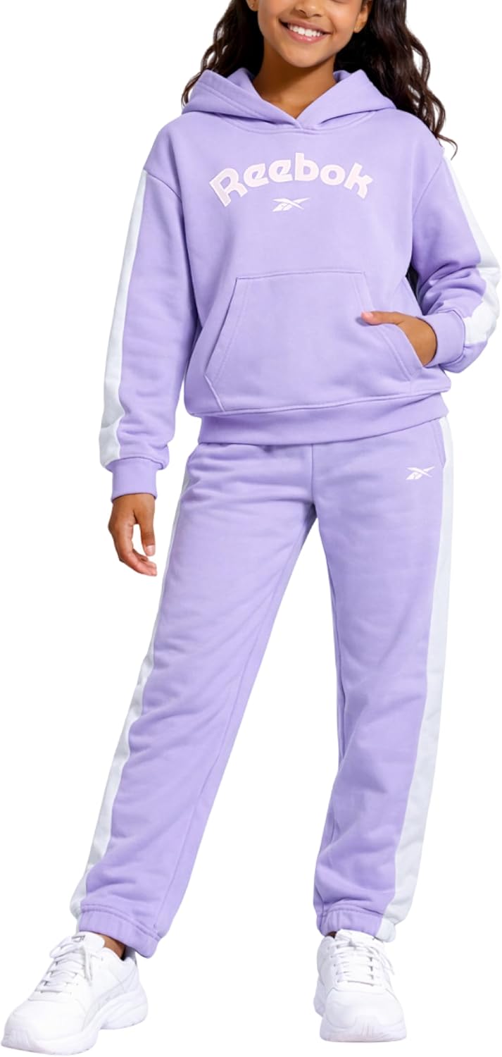 Reebok Girls Jogger Set - 2 Piece Matching Sweat Set with Pullover Hoodies and Athletic Joggers for Girls