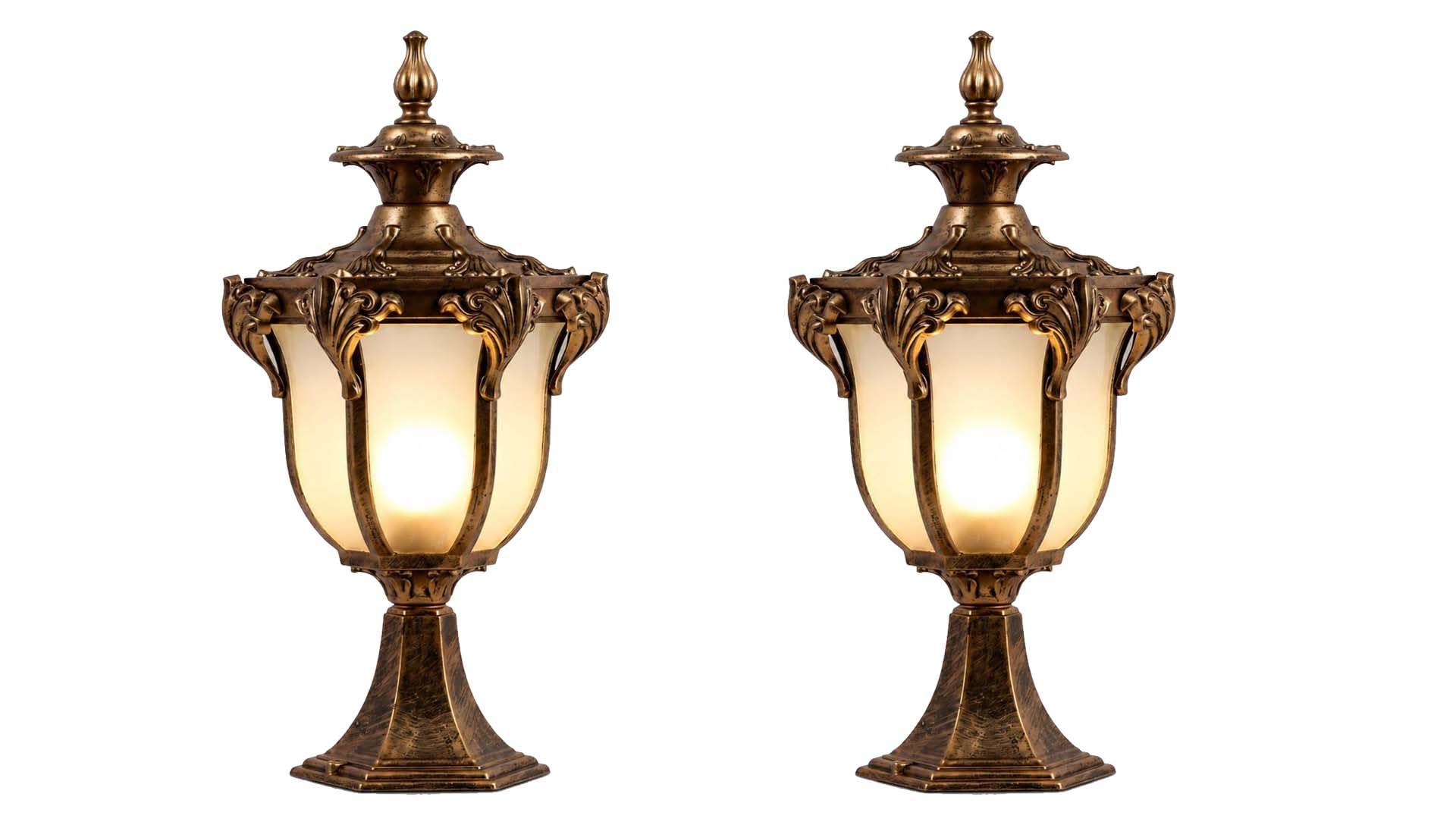 Vintage Outdoor Pillar Light, Antique Gold Frosted Glass, Set of 2 | Victorian Style, Ornate Carved Design, Pedestal Mount, Warm Amber Glow, Weather Resistant-picture-19