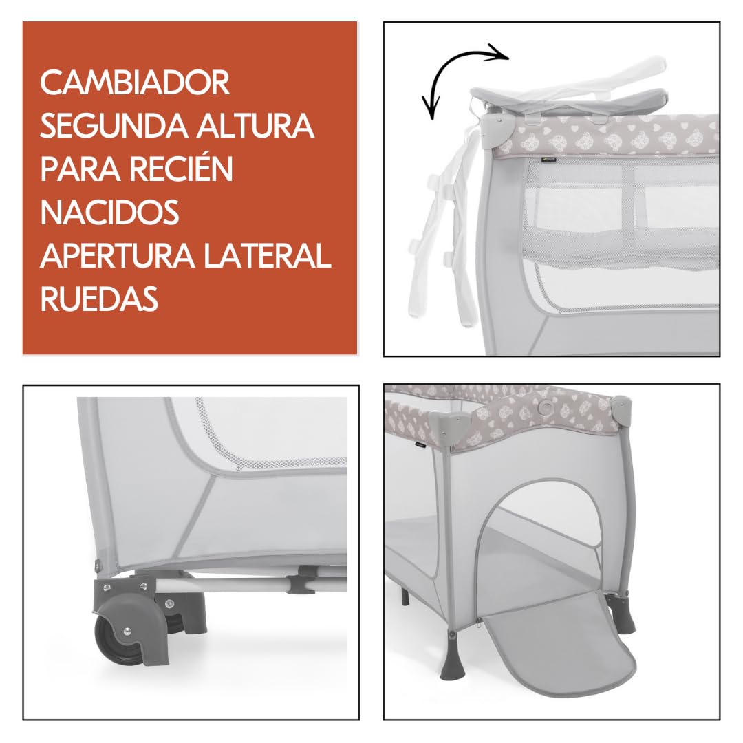 hauck Sleep N Play Center Set Cuna de Viaje Bebe – Teddy Grey | Con colchón, mosquitera, cambiador y elevador recién nacido | Parque infantil plegable y bolsa