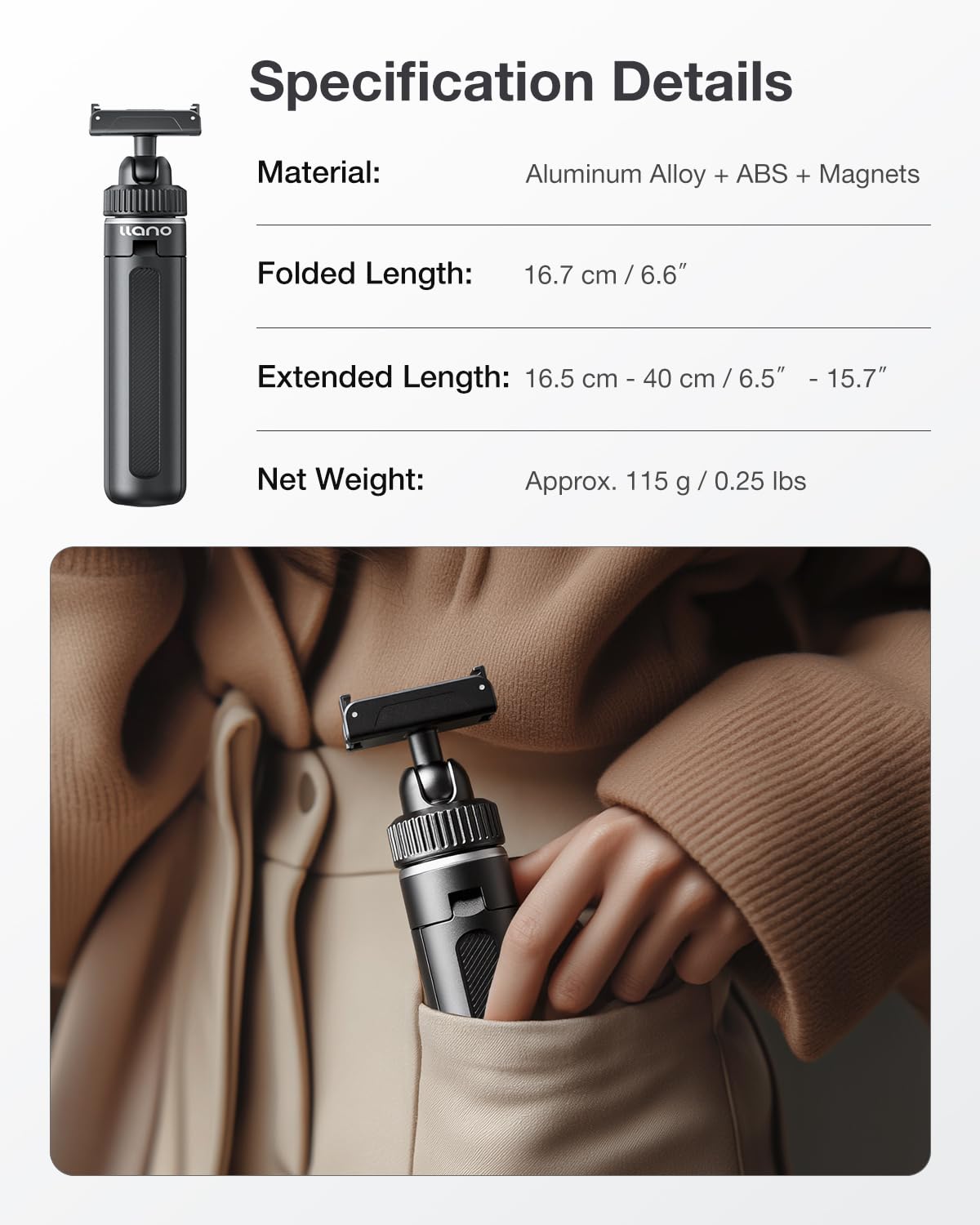 llano 40 cm Magnet Action Kamera Stativ für DJI Osmo Action 5 pro/4/3, Osmo 360, ausziehbares Mini-Stativ mit Magsafe-Schnellwechseladapter, 360°Kugelkopf, Kleiner Selfie-Stick,Schwarz