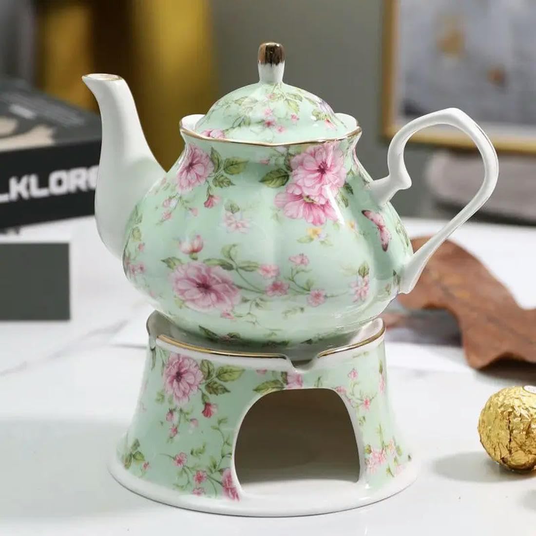 Tetera Inglesa británica de 400ML, Base calefactora, Calentador de té de Porcelana, Set de Tetera, Horno de retención de cerámica