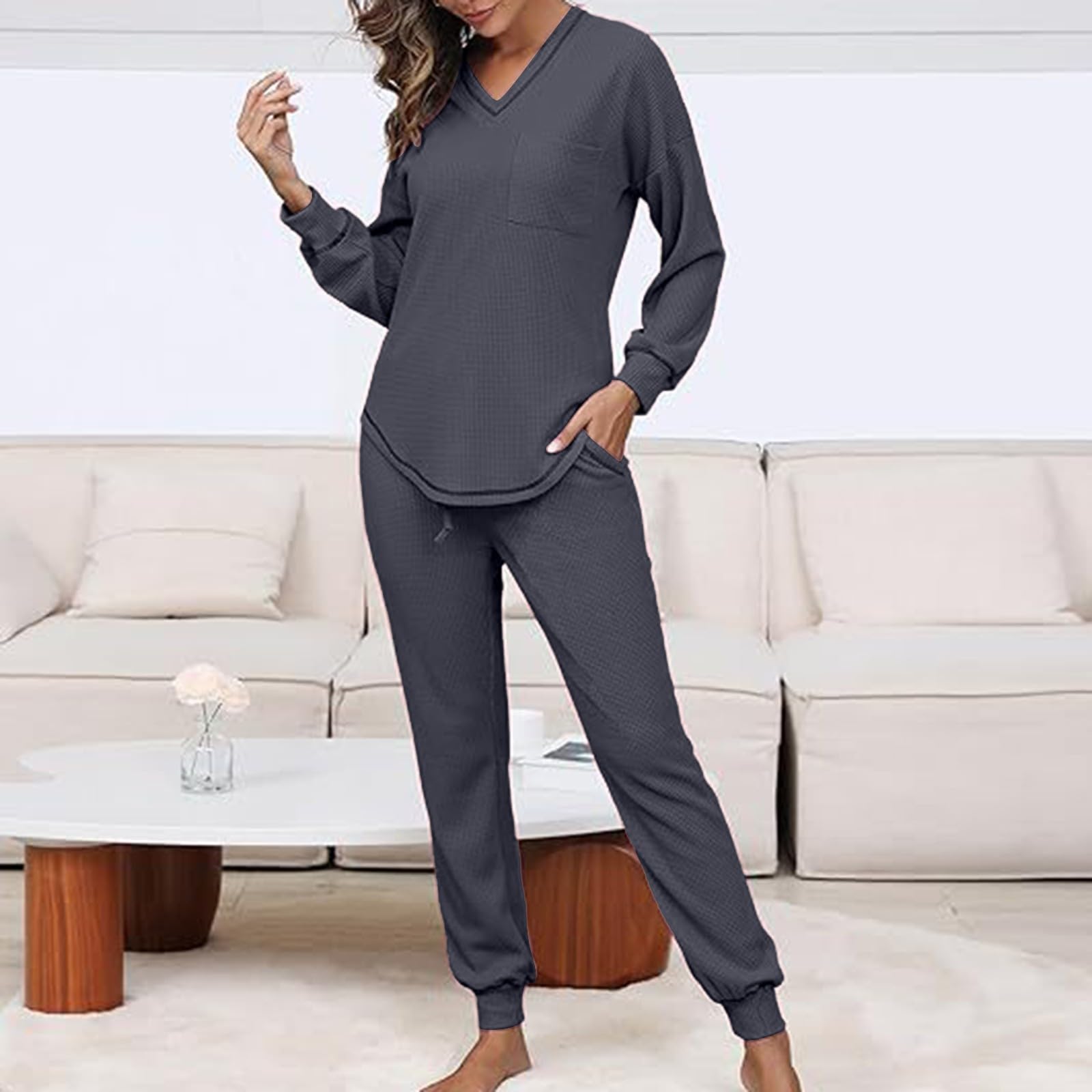 Tuta Donna Casual 2 Pezzi Completi Da Ginnastica Manica Lunga Scollo a V Tuta Sportiva Completo Palestra Elegante Set Top E Pantaloni a Gamba Larga Tute Per Jogging Fitness Yoga Da Casa Autunno